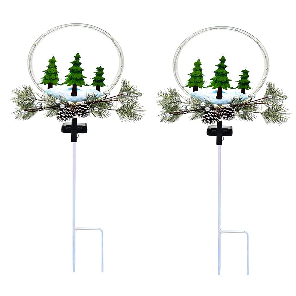 HUADA Solar Powered Outdoor Garden Lights - Waterproof Pine & Christmas Tree LED Landscape Lighting for Yard, Patio, Lawn, Pathway (2 Modes, IP65, Set of 2) - Perfect for Holiday Decorations & Year-Round Landscape Illumination