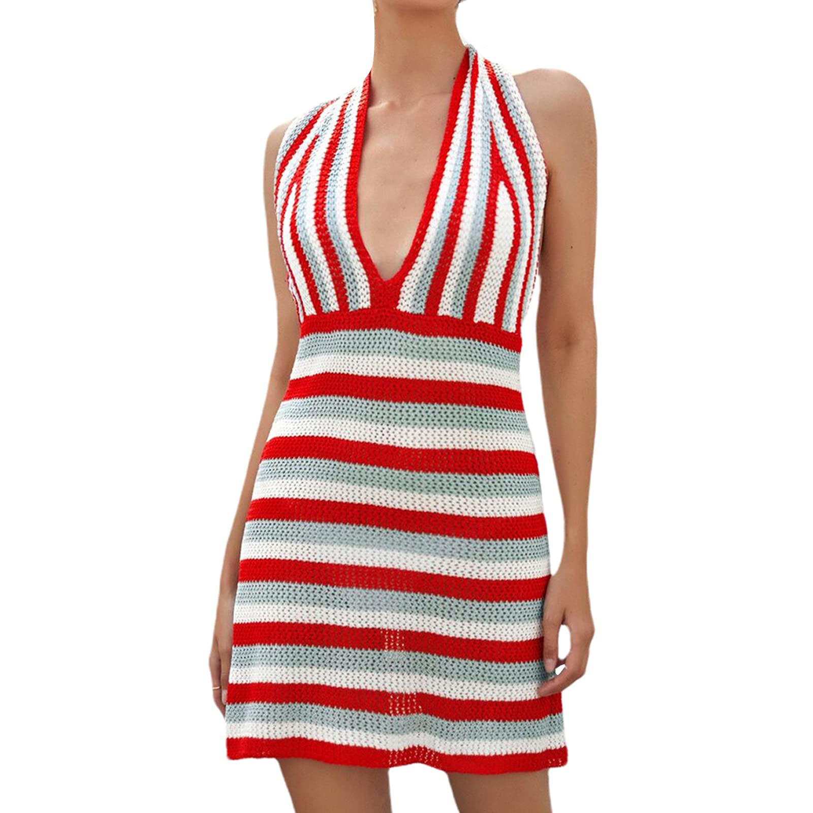 Sexy Halter Neck Crochet Knitted Mini Dress for Women - V Neck Backless Bodycon Summer Party & Beach Outfit | Perfect for Night Out, Club Wear, Vacation and Date Night