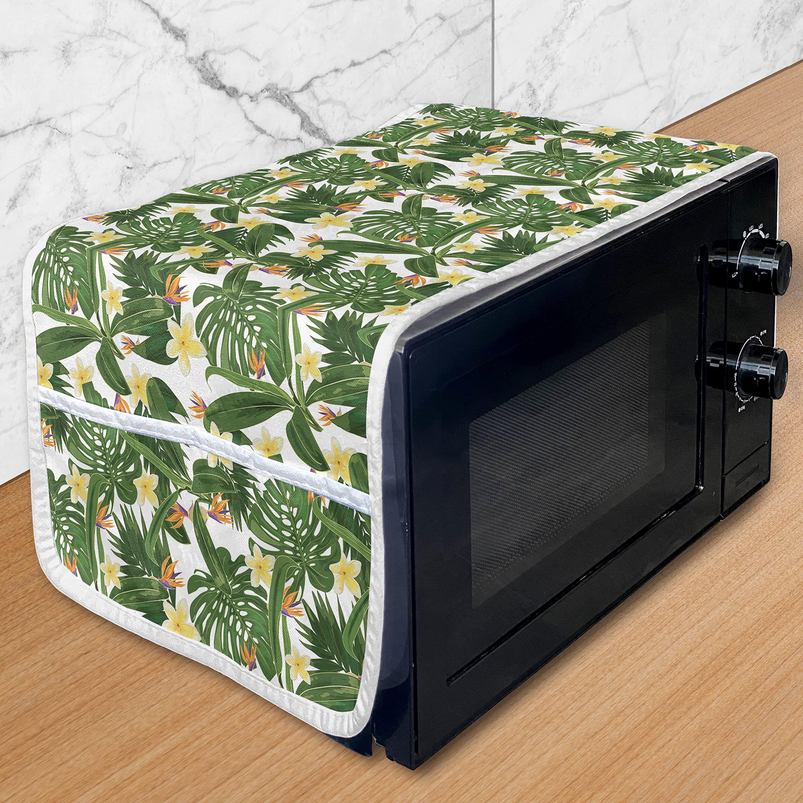 Ambesonne Tropical Microwave Cover - Waterproof Kitchen Organizer with Pockets, Monstera Palm Leaves & Hibiscus Floral Design (36