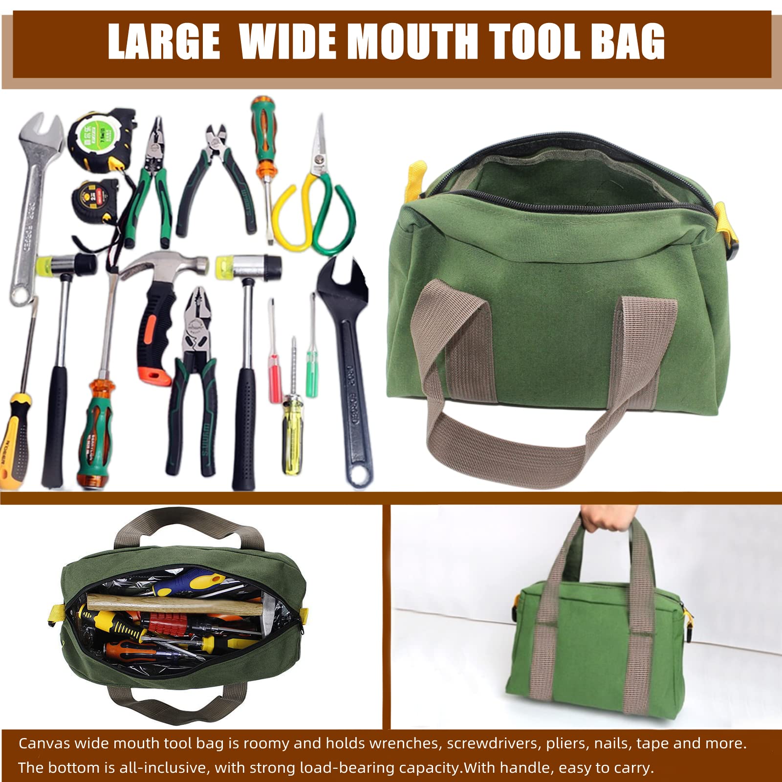 BLIRITEL 14 Inch Heavy Duty Canvas Tool Bag - Wide Mouth Large Capacity Organizer Tote for Wrenches, Pliers & DIY Tools | Durable Storage Solution for Electricians, Carpenters & Home Improvement (Green)