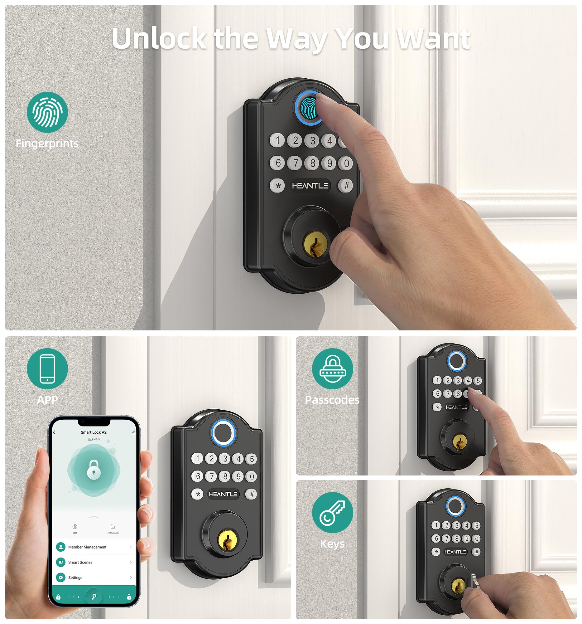 HEANTLE Smart WiFi Door Lock with Fingerprint, Keypad & App Control - Keyless Entry Deadbolt for Front Door - Works with Alexa, Auto-Lock - Perfect for Home Security & Smart Home Automation