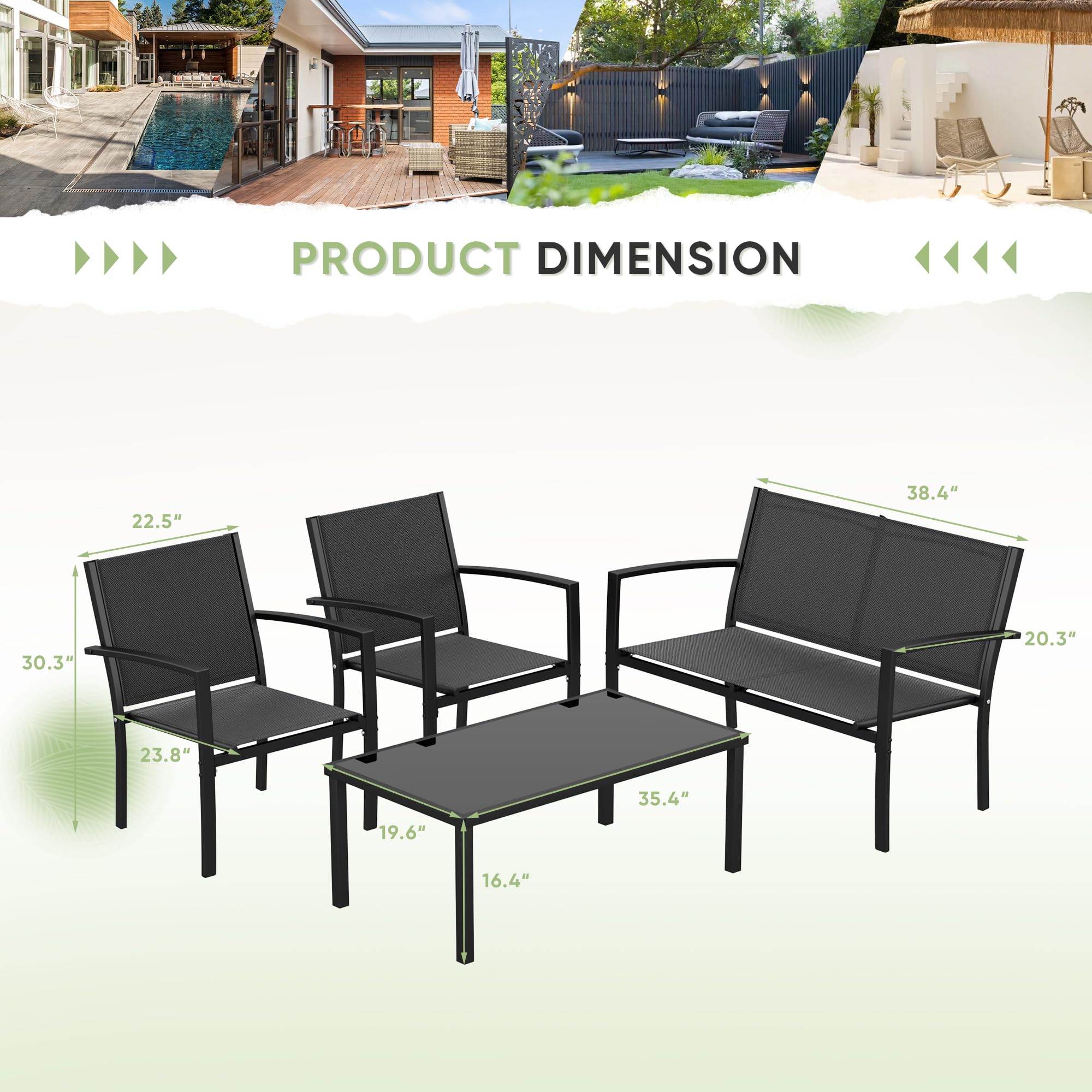 Rankok 4-Piece Modern Outdoor Patio Furniture Set - Textilene Conversation Set with Loveseat & Coffee Table - Black Patio Chairs for Porch, Lawn, Poolside & Balcony - Perfect for Backyard Relaxation & Outdoor Entertaining