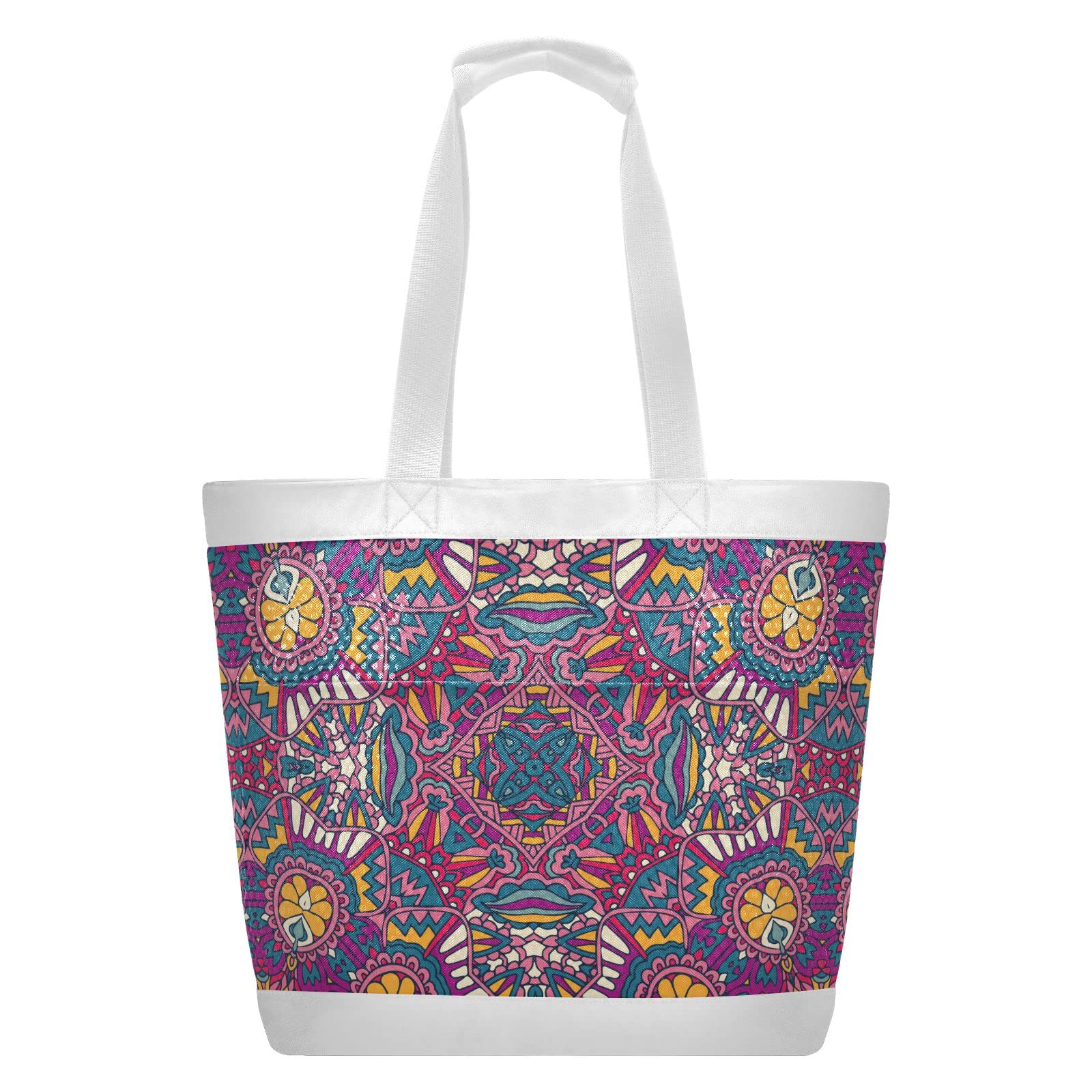 J JOYSAY Tribal Ethnic Floral Mesh Beach Tote Bag - Large Reusable Women's Beach Bag for Travel, Yoga, Grocery Shopping | Perfect for Seaside, Pool Parties & Summer Vacations