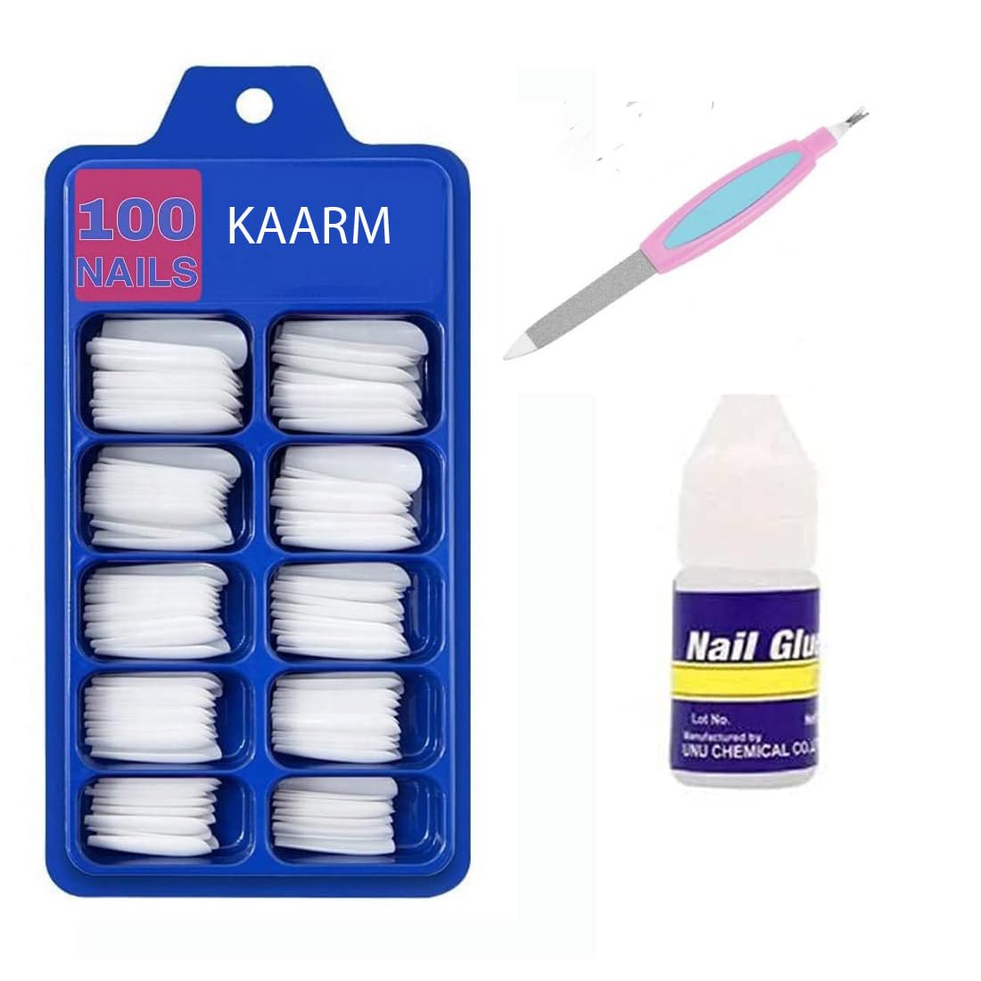 KAARM 100-Piece Artificial Nails Set with Nail Glue & Filer - Press on Nails for DIY Nail Art, Manicure, Parties & Special Occasions