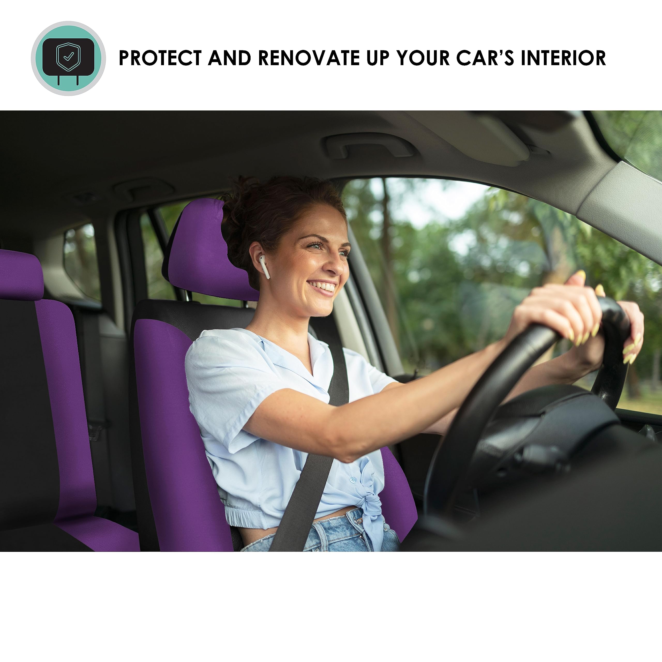 Premium FH Group Car Seat Covers - Universal Fit for Cars, Trucks & SUVs | Purple Flat Foam Padding Cloth Set | Airbag Compatible & Split Rear Design | Perfect for Road Trips, Daily Commutes & Family Travel
