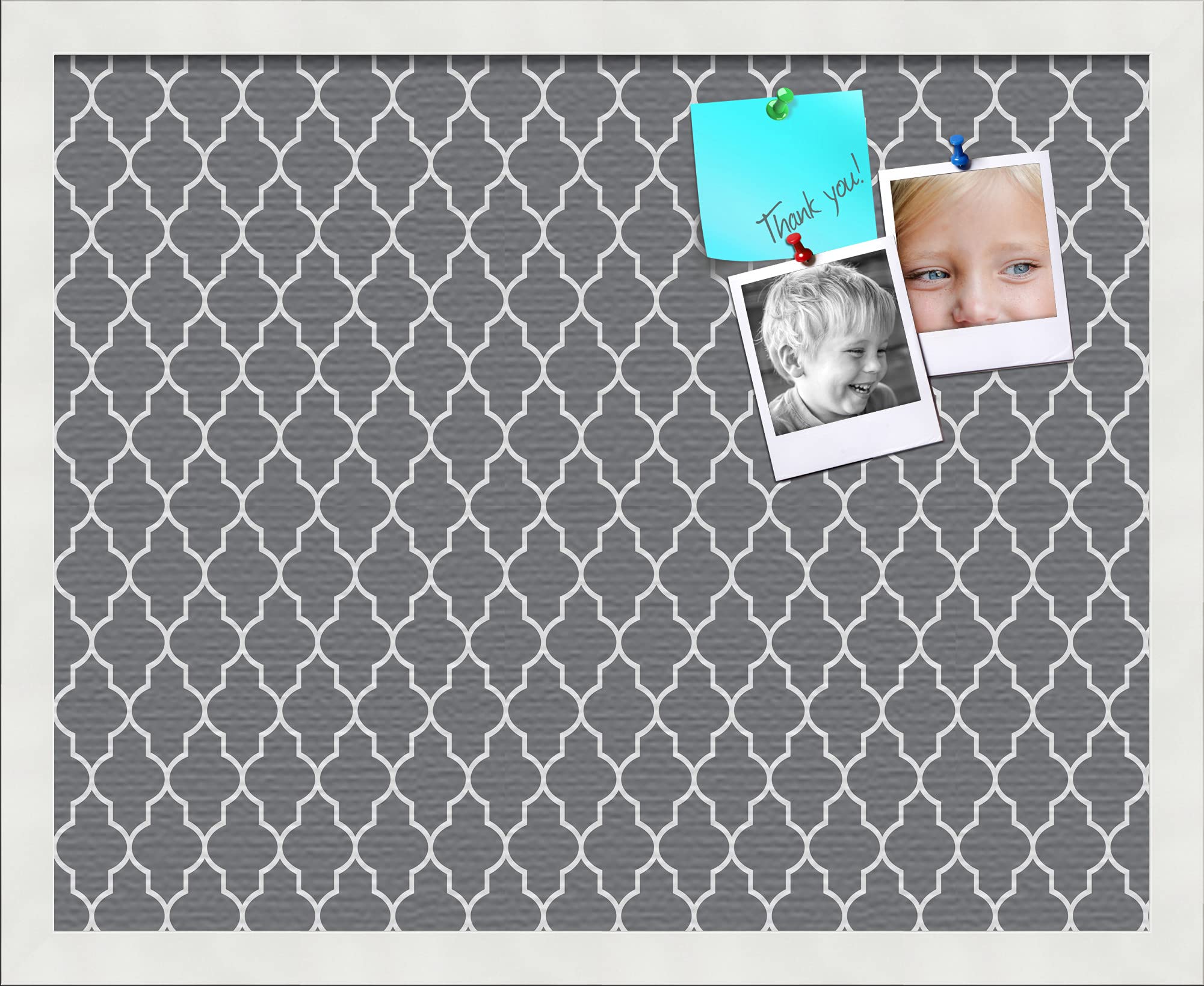 Custom 20x16 Cork Bulletin Board with Quatrefoil Design - Dark Grey Canvas Photo Board in Satin White Frame | PinPix-583 | Perfect for Home Office, Dorm Room, or Classroom Organization & Decor