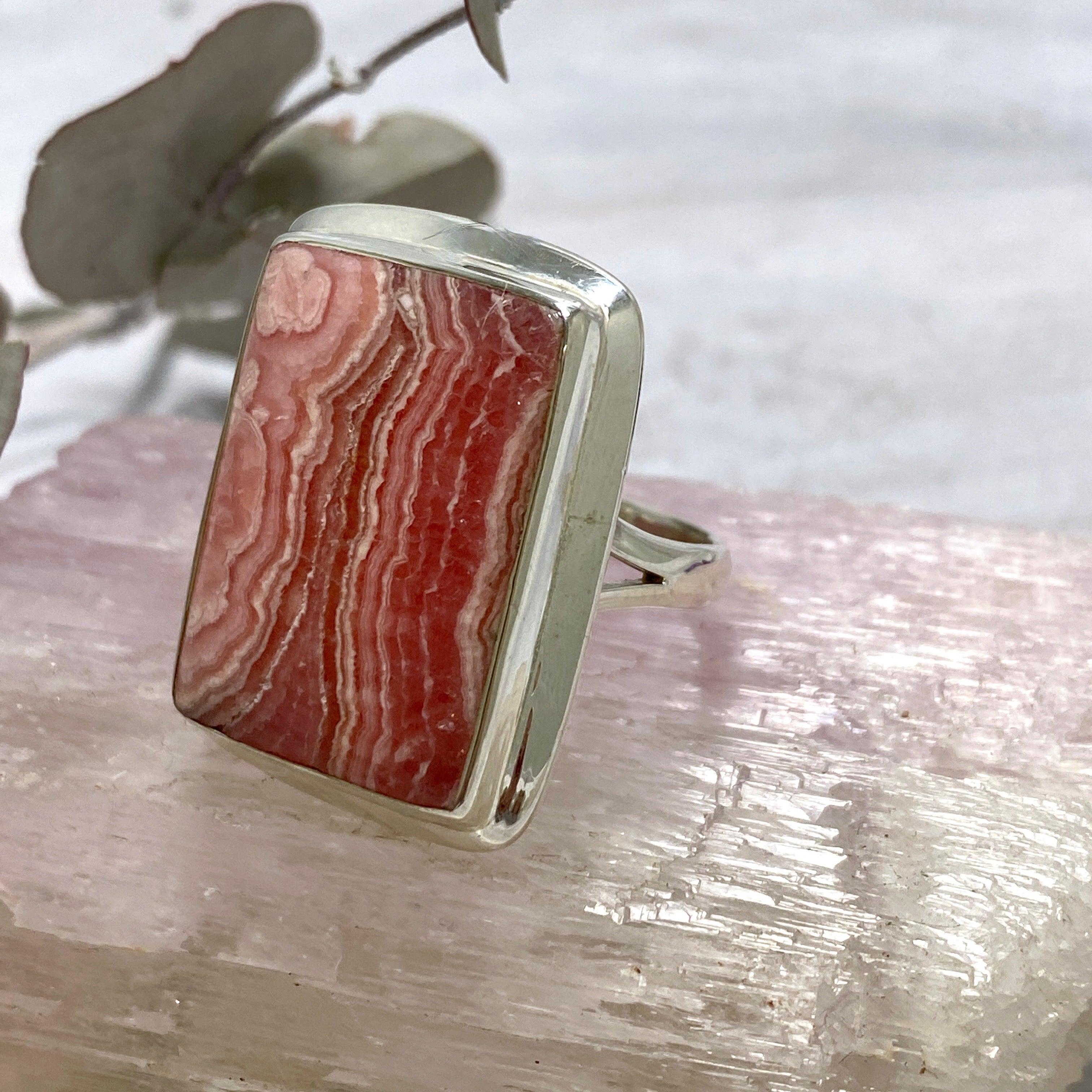 Rhodocrosite Rectangular Ring Size 10 - Genuine Gemstone Jewelry for Women, Elegant and Unique Gift for Her - Perfect for Weddings, Anniversaries, and Special Occasions
