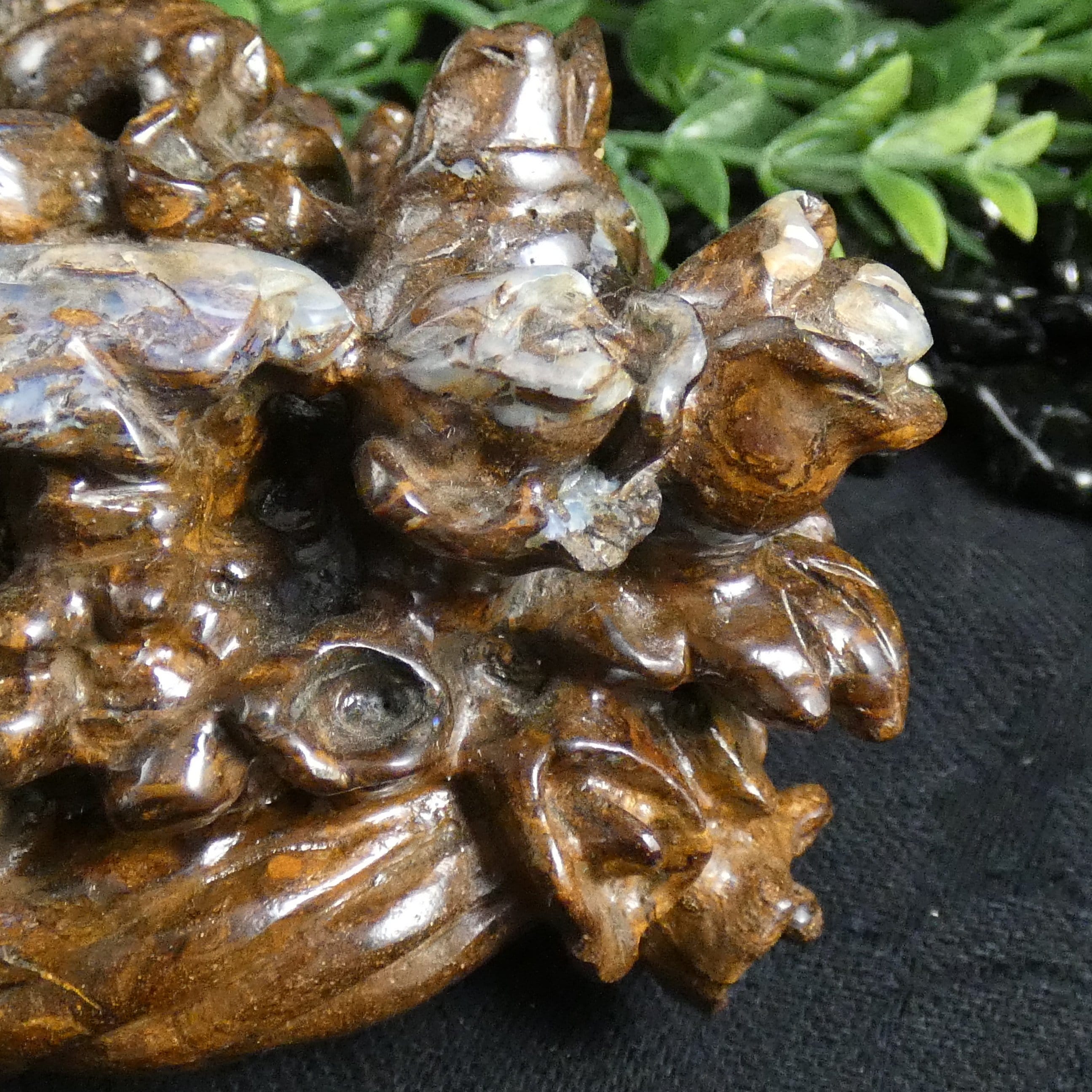 Natural Boulder Opal Flower Basket Carving - Handcrafted Gemstone Home Decor for Living Room, Office & Gift Giving