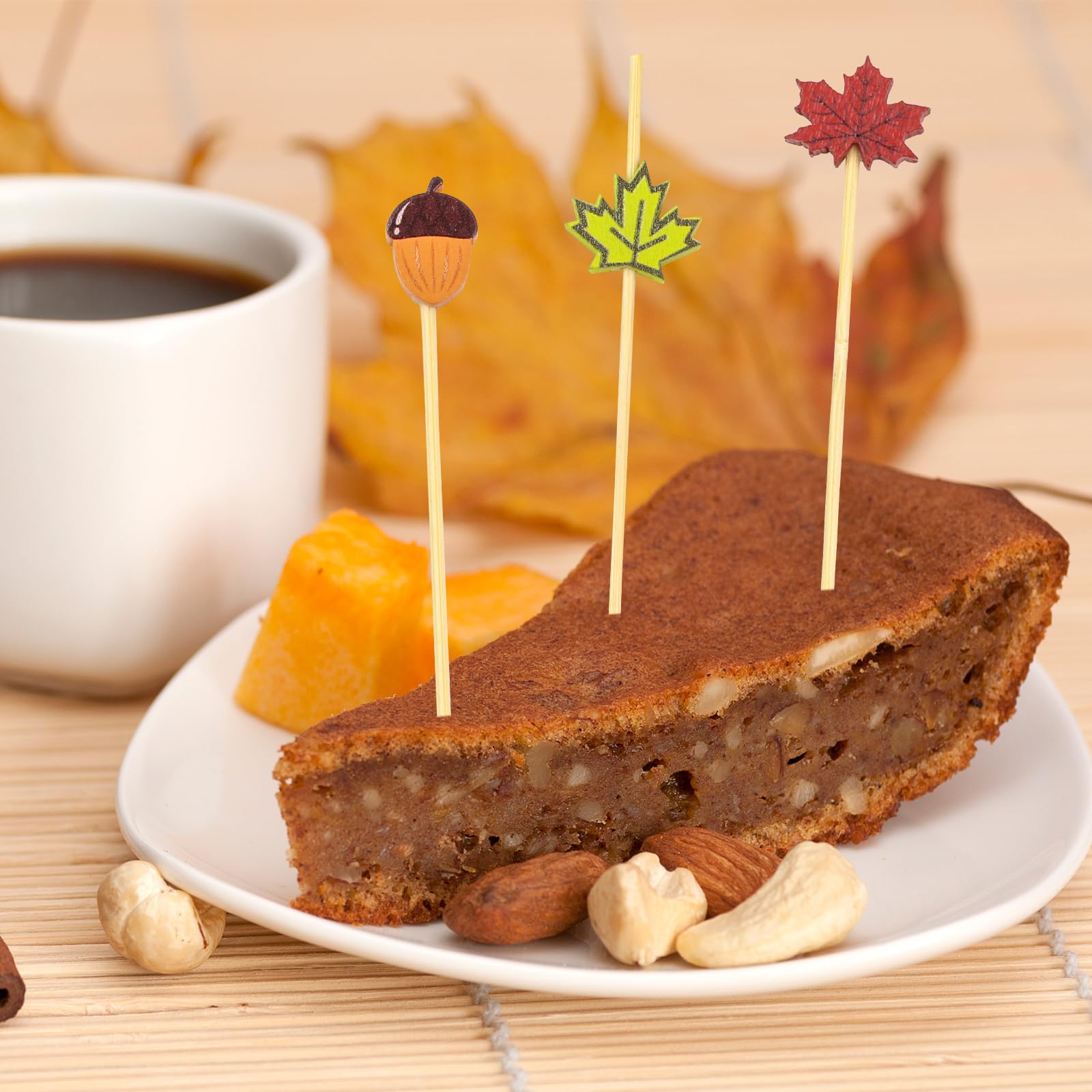 100PCS Fall Cocktail Picks 4.7 Inch - Decorative Bamboo Toothpicks with Autumn Leaves, Pumpkins & Acorns Designs for Thanksgiving Party, Appetizers, Fruit Skewers & Drink Decorations - Perfect for Seasonal Gatherings, Holiday Tablescapes and DIY Crafts