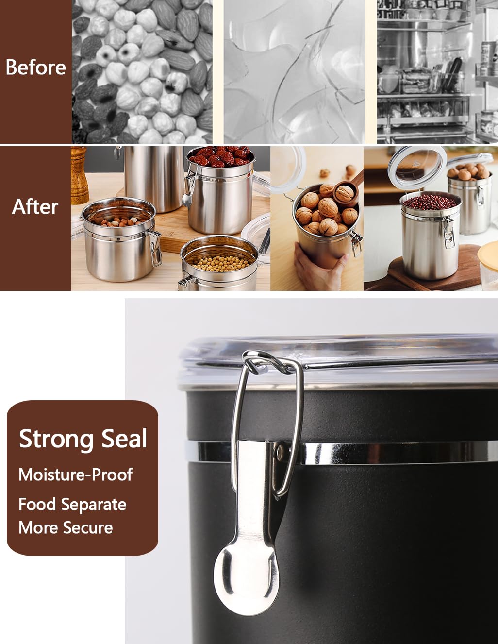 Airtight Stainless Steel Food Storage Container with Clear Lid - 1.2L/40oz Stackable Kitchen Canister for Cereal, Snacks, Candy, Herbs, Spices, Sugar & Tea - Perfect for Pantry Organization & Meal Prep (Black)