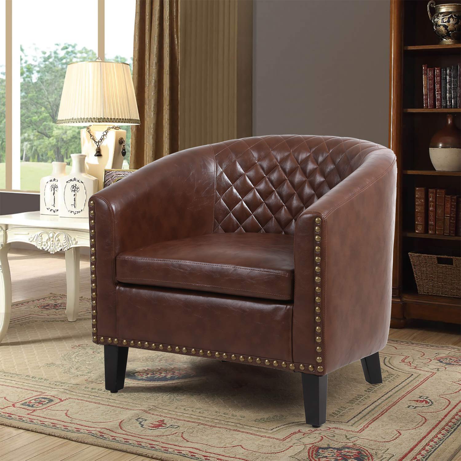 HomVent Brown Faux Leather Barrel Accent Chair - Upholstered Club Chair with Nailhead Trim & Solid Wood Legs - Perfect for Living Room, Bedroom, Home Office & Reception Areas