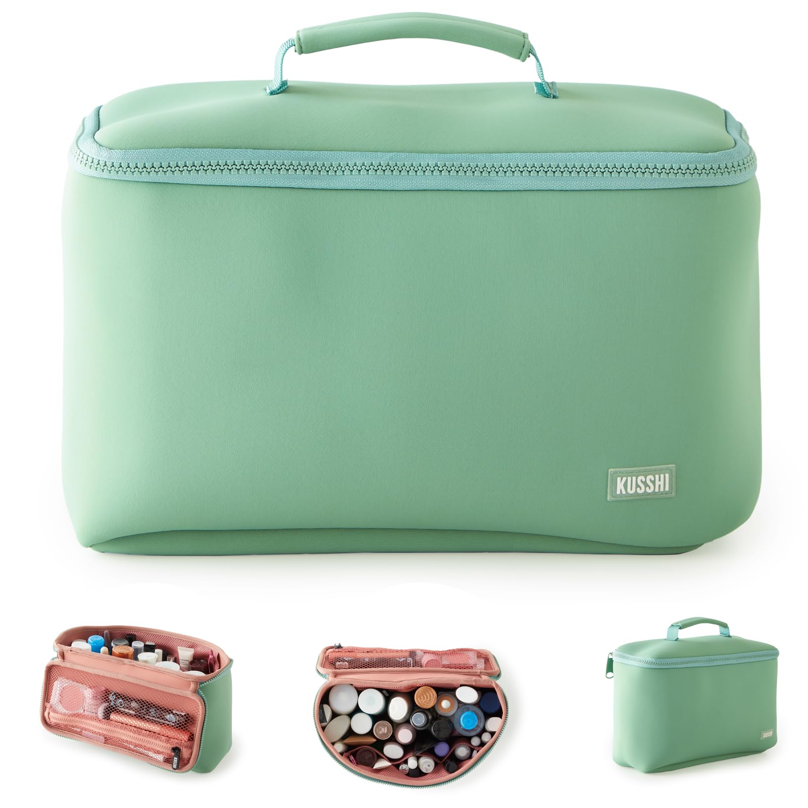 KUSSHI Large Neoprene Train Case - Sage & Coral Rose Makeup Organizer | Perfect for Travel, Salon & Professional Makeup Artists