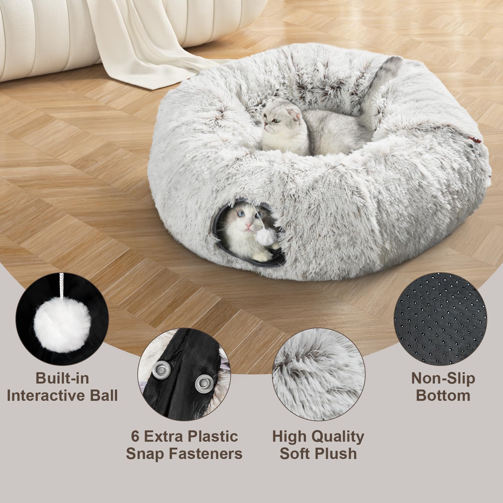 Cat Tunnel Bed for Indoor Cats - Donut Shaped Play Tube with 6 Snap Fasteners & Included Cat Toys | Peekaboo Hideaway for Kittens, Rabbits & Ferrets | Perfect for Playtime, Napping & Small Pet Enrichment