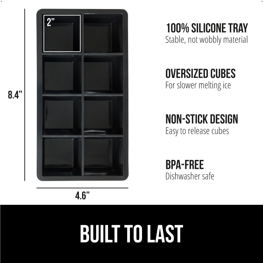GORILLA GRIP Large Silicone Ice Cube Tray for Freezer - 2 Pack Stackable with Lid, Easy Release Mold for 8 Giant Square Slow-Melting Ice Cubes - Perfect for Whiskey, Iced Coffee & Cocktails - Essential Bar & Kitchen Accessory (Black)
