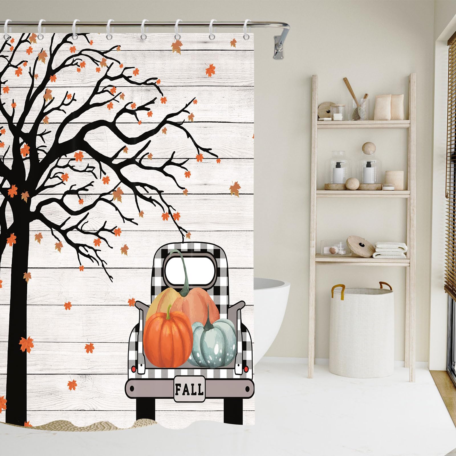 Yeele Autumn Pumpkin Shower Curtain - 48x72 Inch Fall Thanksgiving Harvest Bathroom Decor - Black and White Waterproof Fabric Shower Liner with Hooks - Machine Washable for Easy Care - Perfect for Seasonal Home Decor and Holiday Bathroom Styling