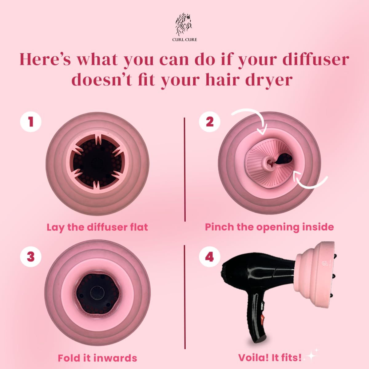 Universal Collapsible Silicone Hair Dryer Diffuser & Blower - Professional Styling Tool for Curly Hair Definition at Home & Salon | Pink Hair Dryer Attachment for Women & Girls (Style 2) | Perfect for Travel, Daily Styling & Salon Use