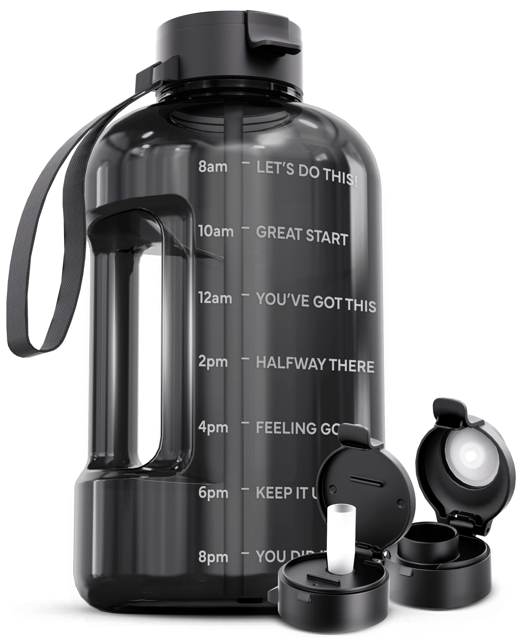 AQUAFIT 1 Gallon Water Bottle with Time Marker - BPA Free Large Water Bottle with Straw & Chug Lid - Motivational 128 oz Water Jug for Gym, Workout, Hiking & Outdoor Activities (Gray)