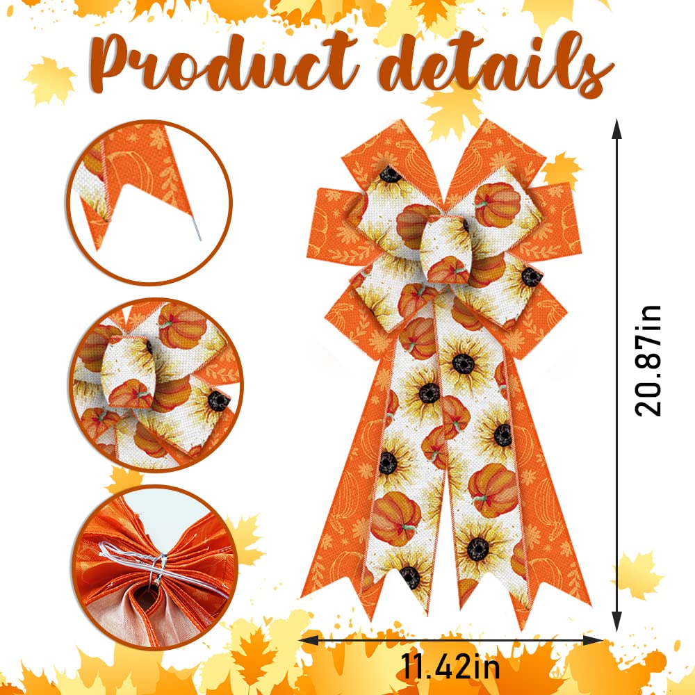 Fall Pumpkin Wreath Bows - Orange White Burlap Decor for Thanksgiving Door