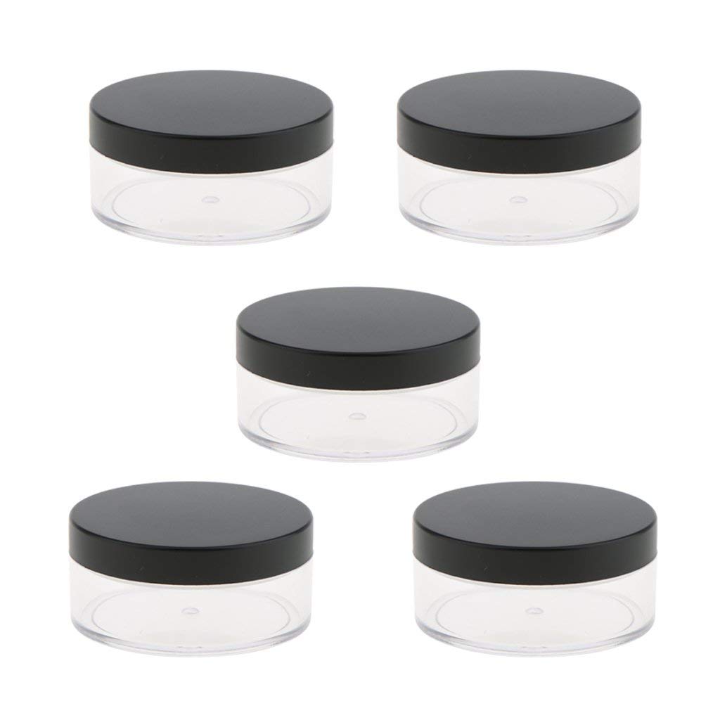 5-Piece 50g Empty Plastic Cosmetic Jars with Black Lids - Refillable Powder Containers for Blush, Foundation & Makeup | Includes Strainer & Puff - Perfect for Travel, Salon & DIY Beauty Products