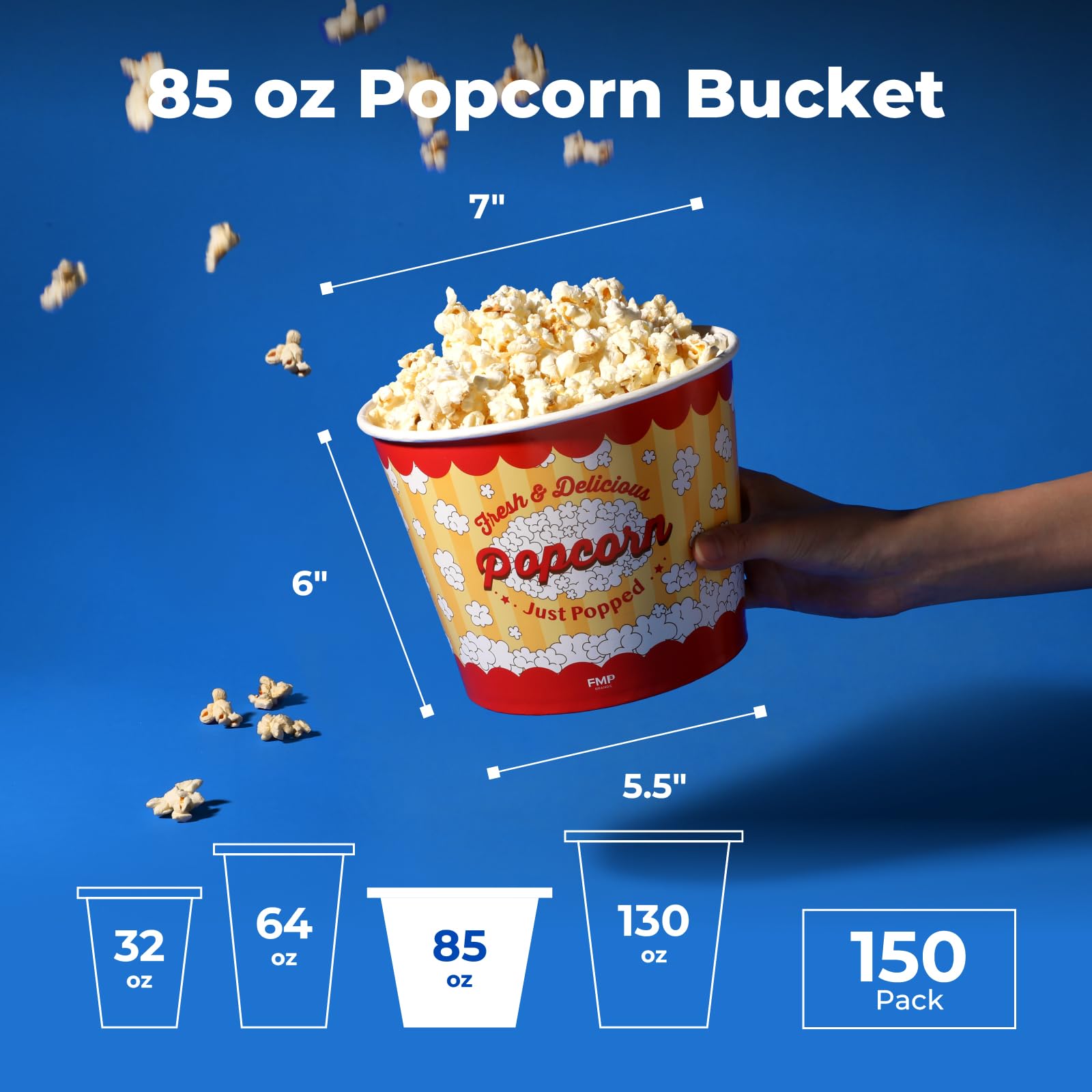 150 Pack 85oz Disposable Popcorn Buckets - Grease Resistant Classic Paper Popcorn Bowls for Machine, Home Theater, Movie Night & Carnival Events (Fit Meal Prep)