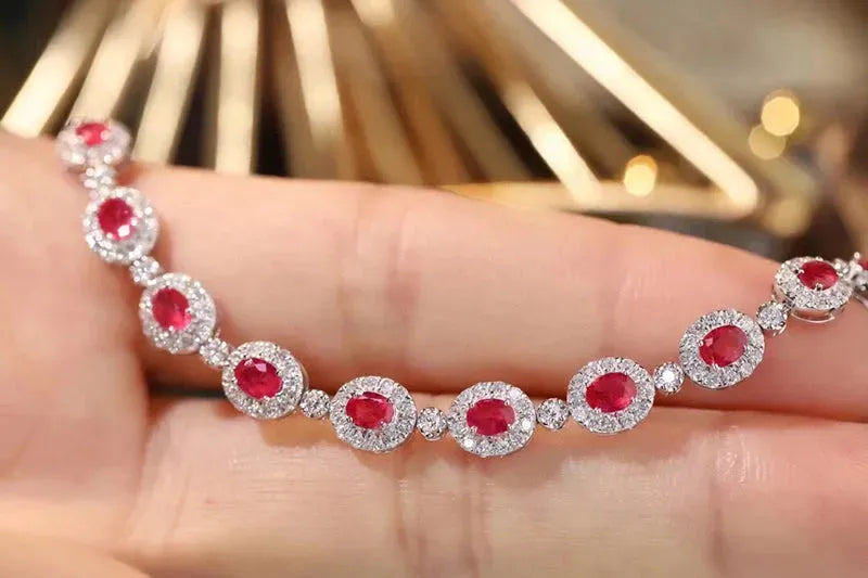 18K White Gold Women's Bracelet with Real Natural Ruby & Diamonds - Romantic Shiny Luxury Jewelry for Wedding, Anniversary & Special Occasions