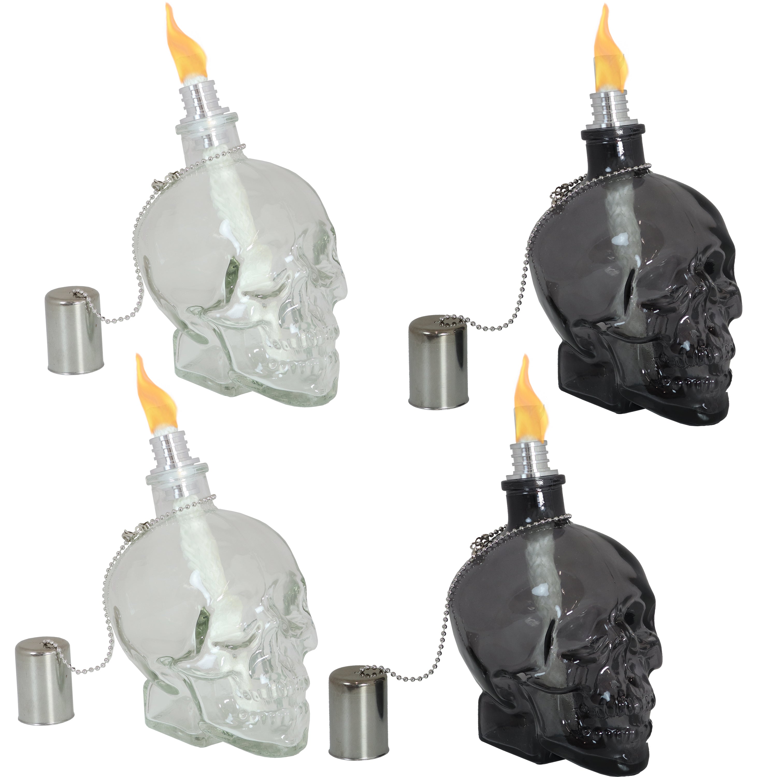 Sunnydaze Grinning Skull Glass Tabletop Torches - Black & Clear Outdoor Decor for Halloween, Patio & Garden Parties