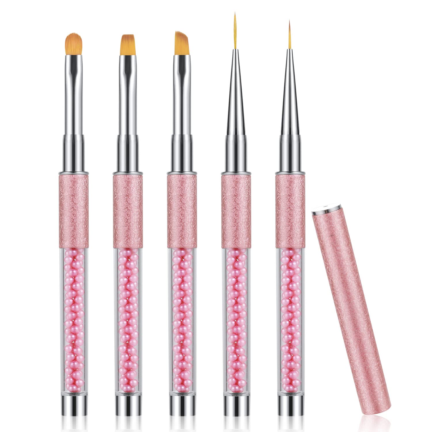 3pcs Nail Art Clean Up Brushes + 2pcs Liner Striping Brush Set - Professional Round & Angled Head Nail Design Kit for Polish Correction & Detailing - Perfect for DIY Manicures, Salon Use & Nail Art Beginners