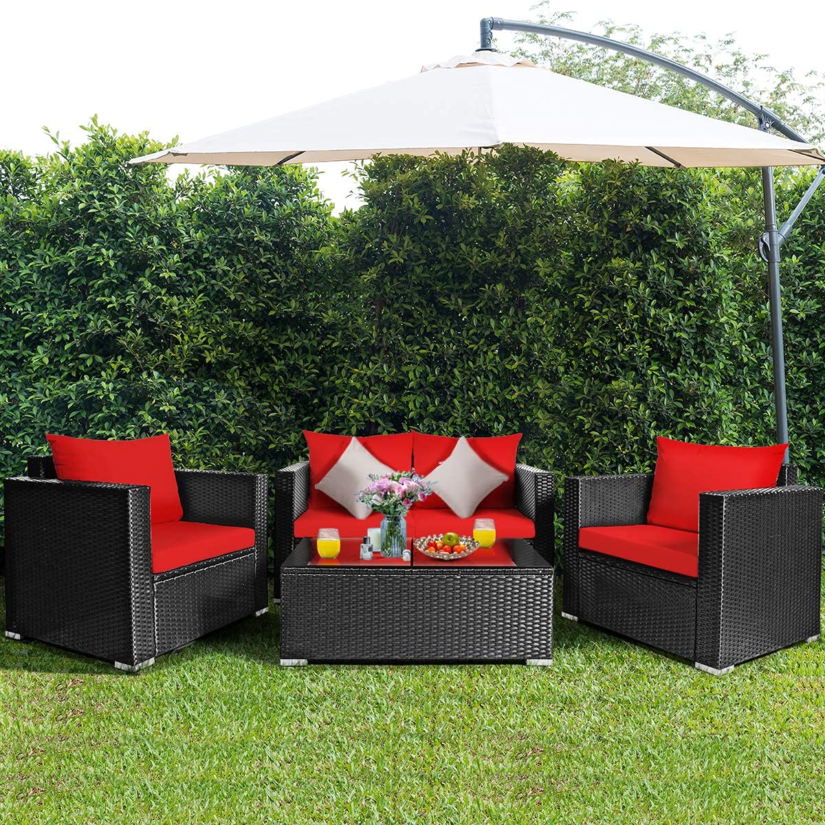 4-Piece Patio Rattan Chair Set with Tempered Glass Coffee Table & Cushions - Outdoor Wicker Sectional Sofa Conversation Set for Garden, Yard, Poolside (Red) - Perfect for Relaxing, Entertaining & Lounging in Your Outdoor Space