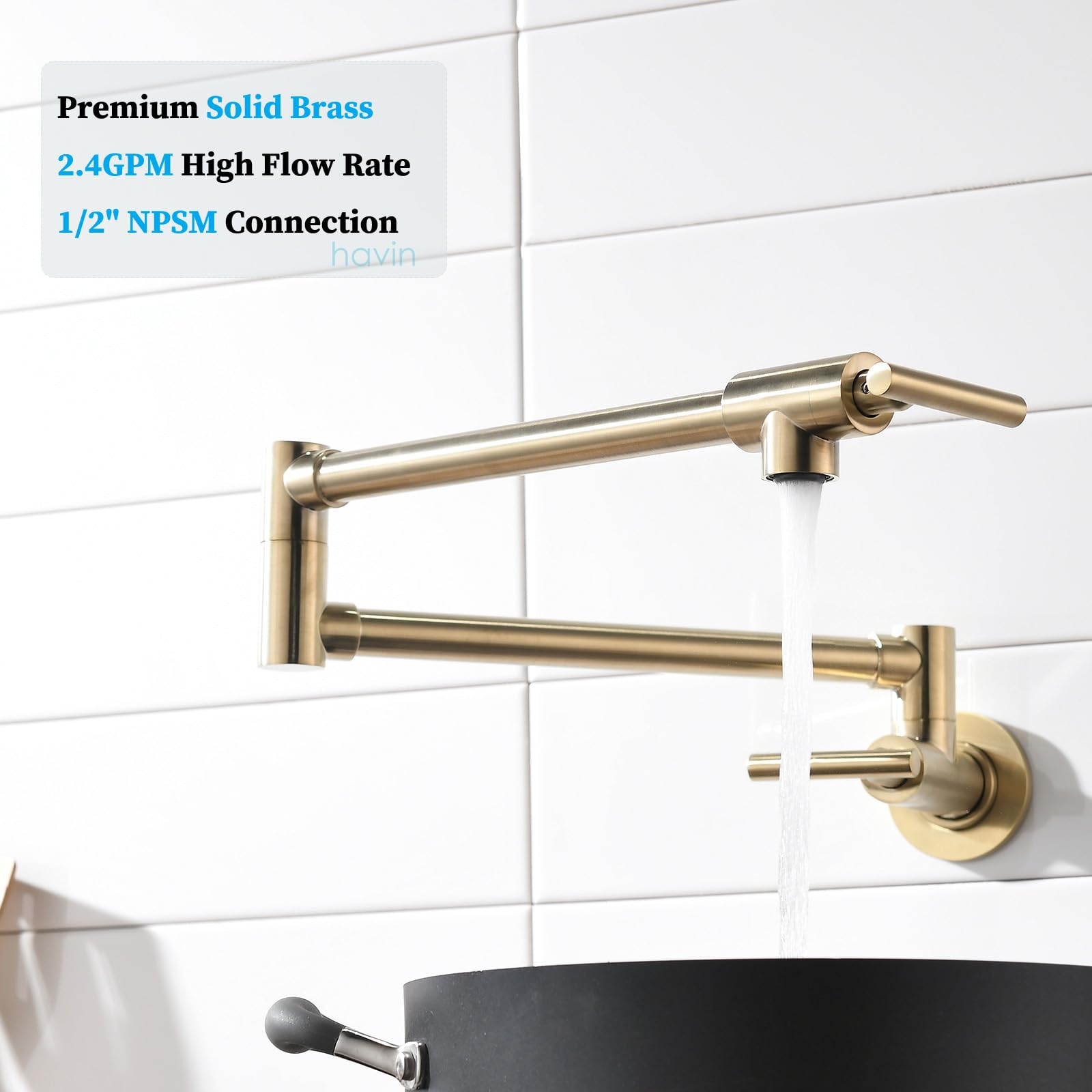 Premium Brushed Gold Wall-Mounted Commercial Pot Filler Faucet - Brass & Copper Construction with Stretchable Double Joint Swing Arms for Kitchen, Coffee Machine & Bar Use - Style A - Ideal for Professional Chefs & Home Cooking Enthusiasts