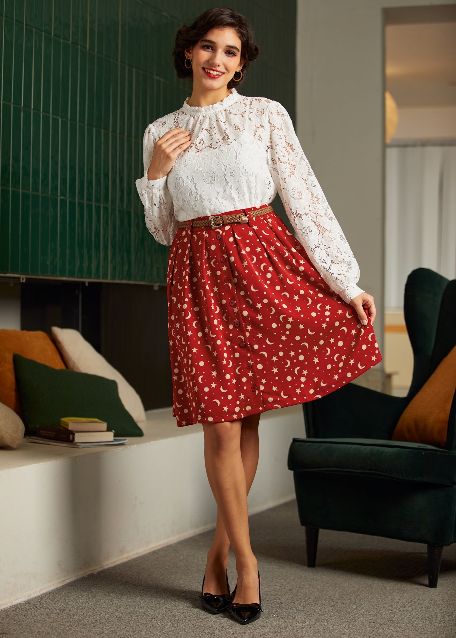 Mad Men Ruffle Mock Neck Blouse - Vintage Inspired Women's Fashion Top for Office, Party & Special Occasions