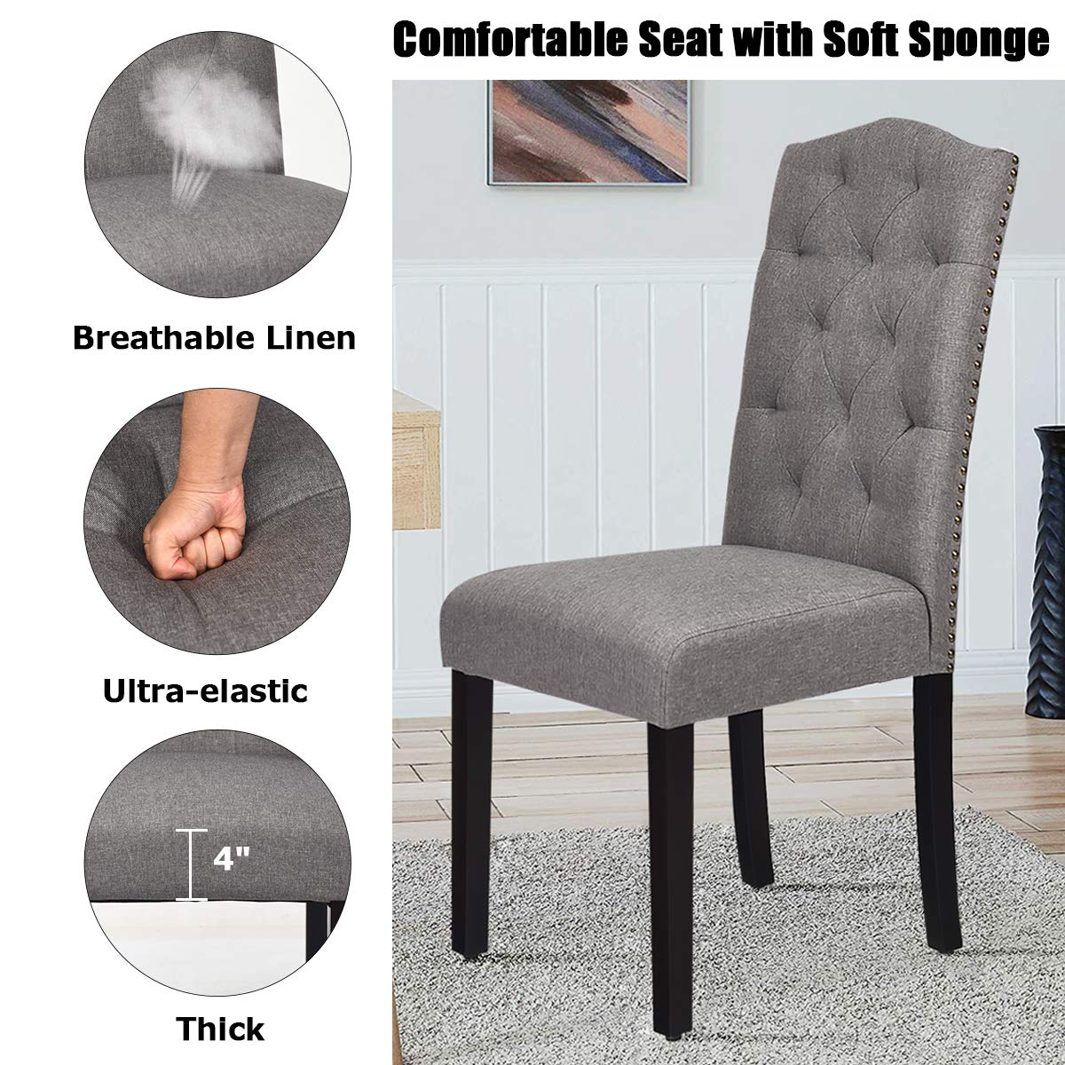 Giantex Set of 2 Tufted Fabric Dining Chairs with Nailed Head - Modern Upholstered Parsons Chairs with Padded Seat & Tall Backrest - Perfect for Kitchen, Dining Room, Restaurant or Home Decor