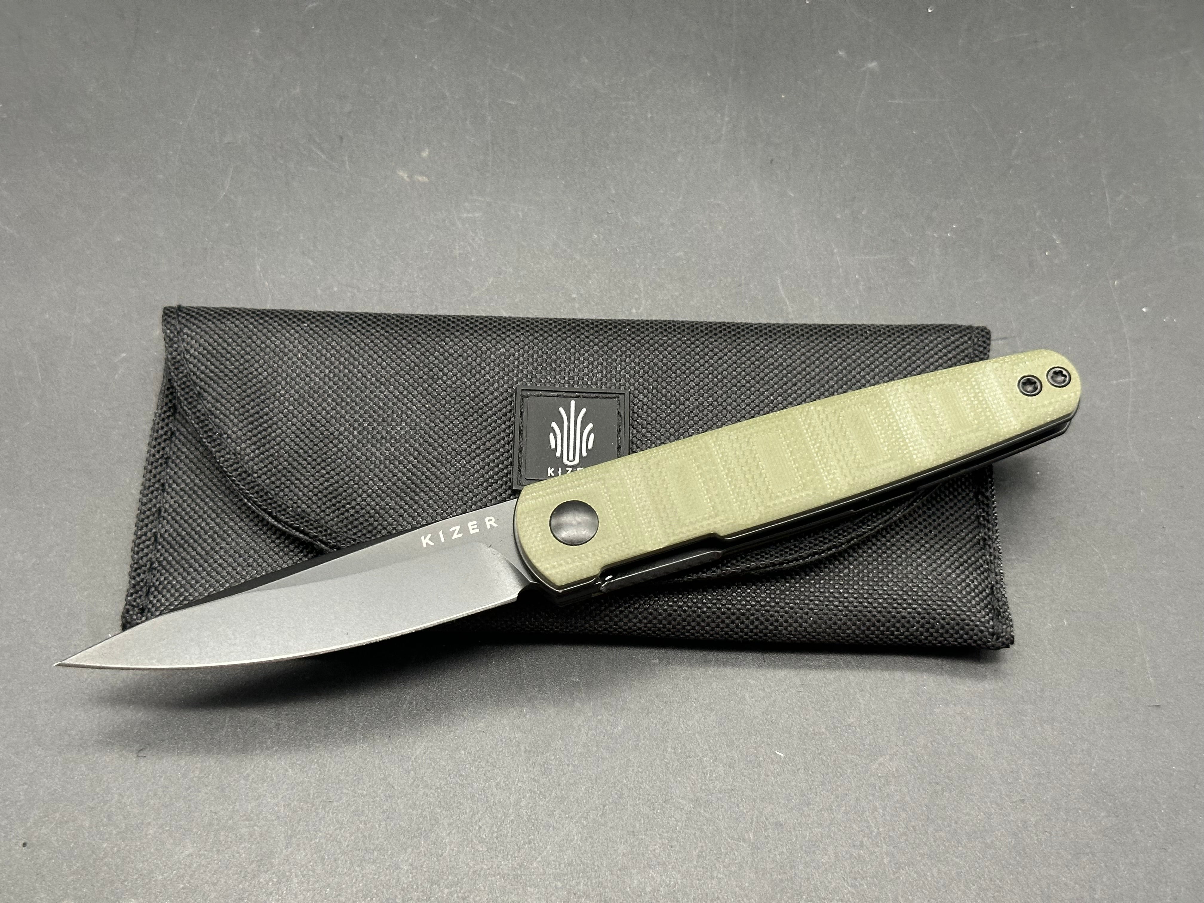 KIZER Bamboo Folding Knife - Olive Green G10 Handle, Nitro-V Steel Plain Edge Blade - EDC, Camping, Outdoor Survival Gear