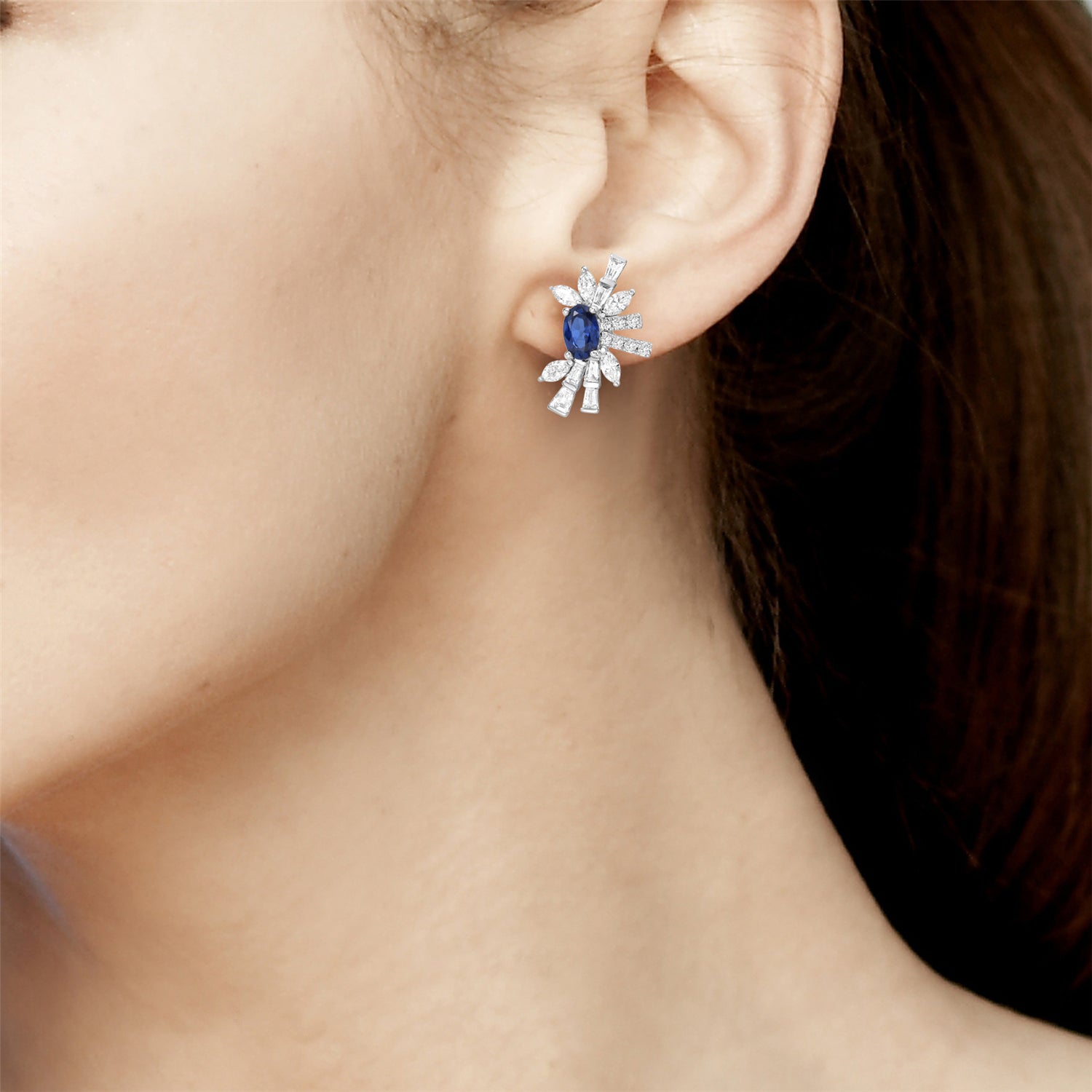 Exquisite 14K Gold Baguette Diamond & Oval Cut Blue Sapphire Stud Earrings for Women | Elegant Jewelry Gift for Wedding, Anniversary & Special Occasions