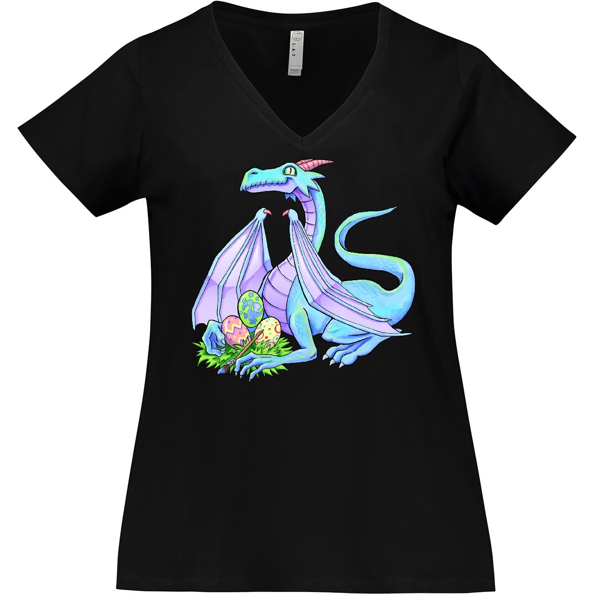 Inktastic Blue Easter Dragon with Painted Eggs Women's Plus Size V-Neck T-Shirt - Cute Easter Graphic Tee for Women, Soft Cotton Casual Top for Spring Outfits, Church, Egg Hunts & Family Gatherings