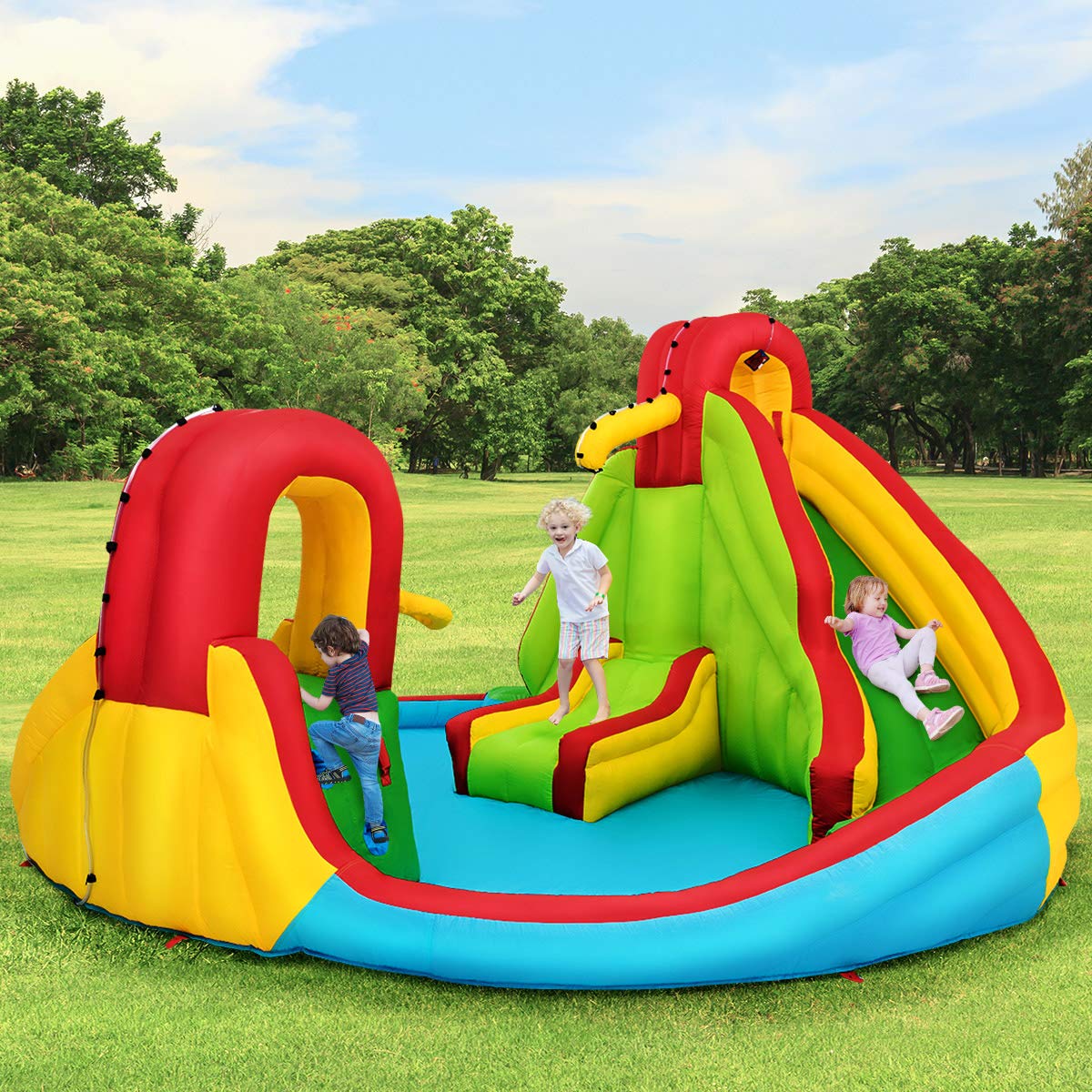 OLAKIDS Inflatable Water Slide - 7-in-1 Bounce House with Dual Slides, Climbing Wall, Splash Pool, Basketball Hoop & Water Guns | Outdoor Summer Party Water Play for Kids Backyard, Birthday, Beach | Includes Carrying Bag & Repair Kit
