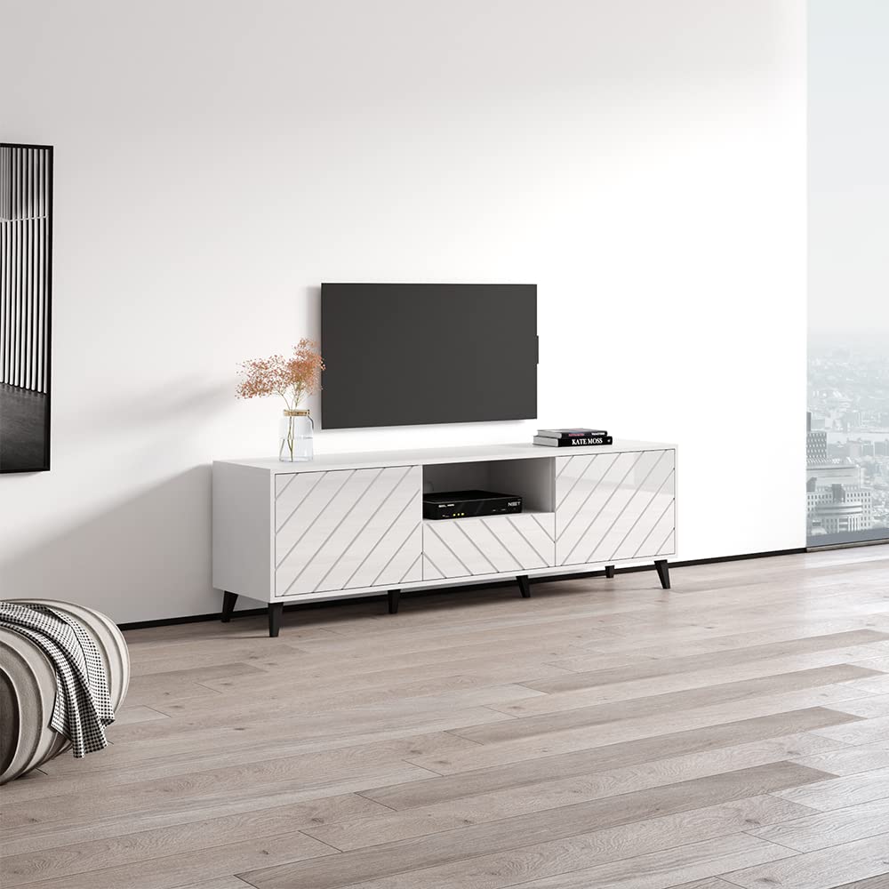 Mid-Century Modern White High-Gloss TV Stand with Storage - 71