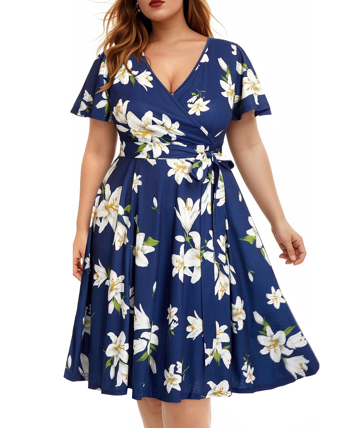 Plus Size Pinup Fashion Women's Cocktail Dress - Semi Formal Wrap Empire Waist Midi Dress for Wedding Guest & Special Occasions | Perfect for Parties, Date Nights & Formal Events