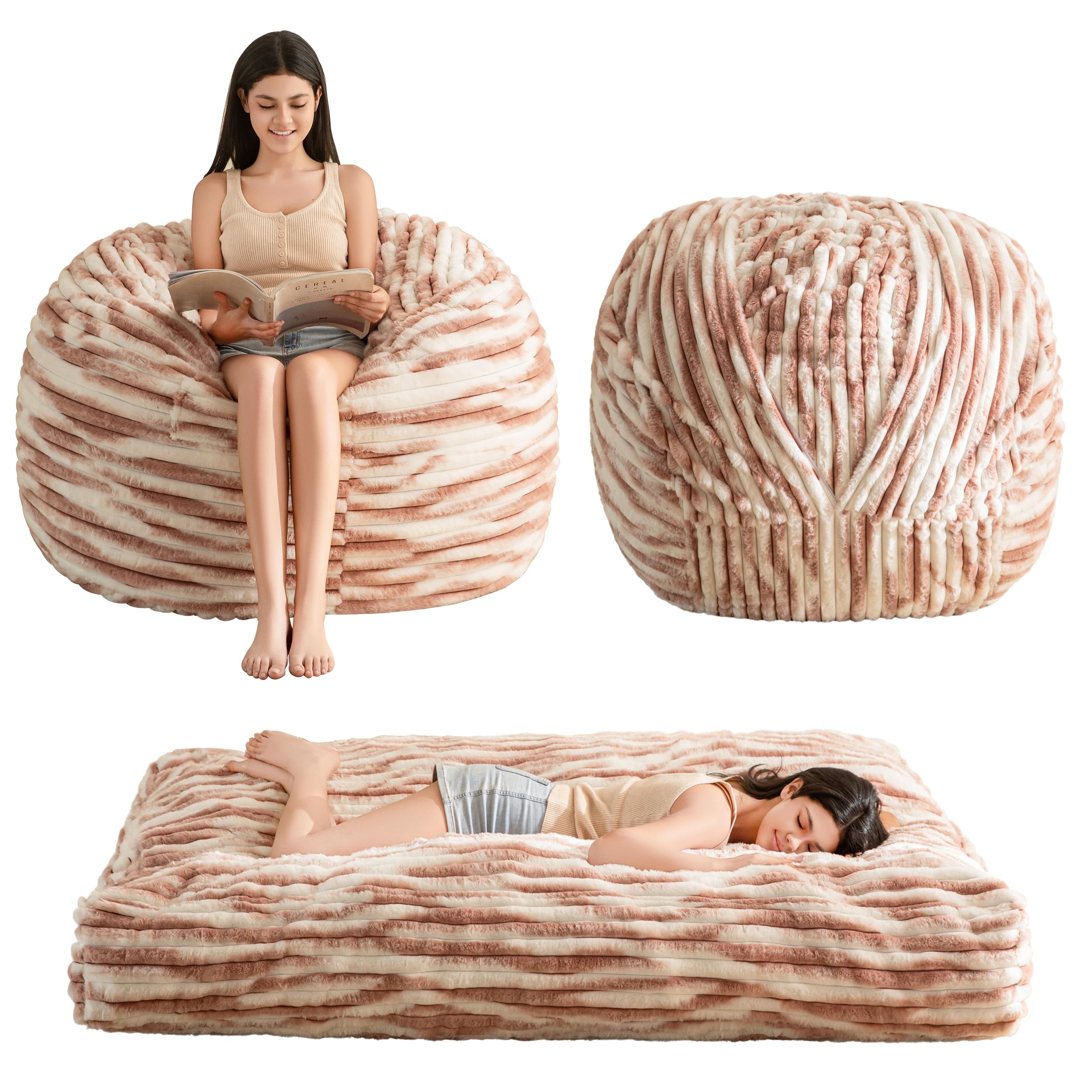 MAXYOYO Giant Bean Bag Bed for Adults - Convertible Beanbag Chair to Floor Mattress with Removable Washable Cover, Cow Pink - Perfect for Living Room, Bedroom, Dorm & Game Room Lounging