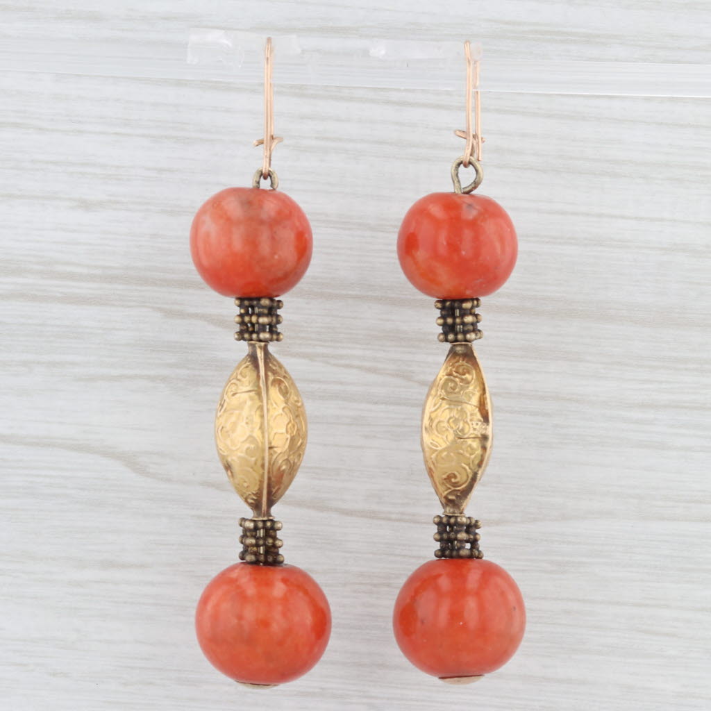 Antique Coral Bead Dangle Earrings - 18k Gold Floral Drop Earrings with Hook Posts | Elegant Vintage Jewelry for Women, Perfect for Weddings, Parties & Special Occasions
