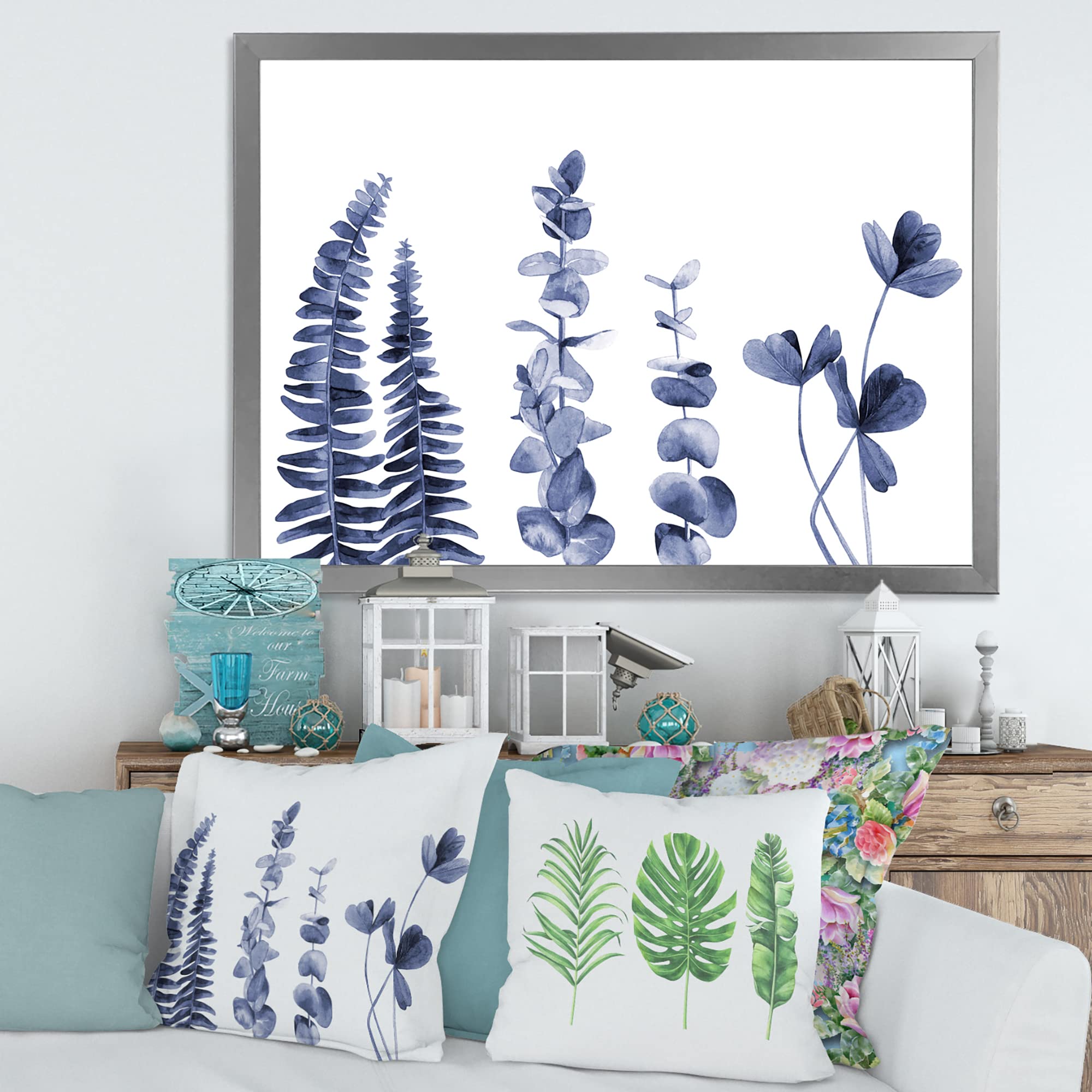 DesignQ Navy Blue Eucalyptus Traditional Framed Wall Art - Perfect for Living Room, Bedroom & Office Decor