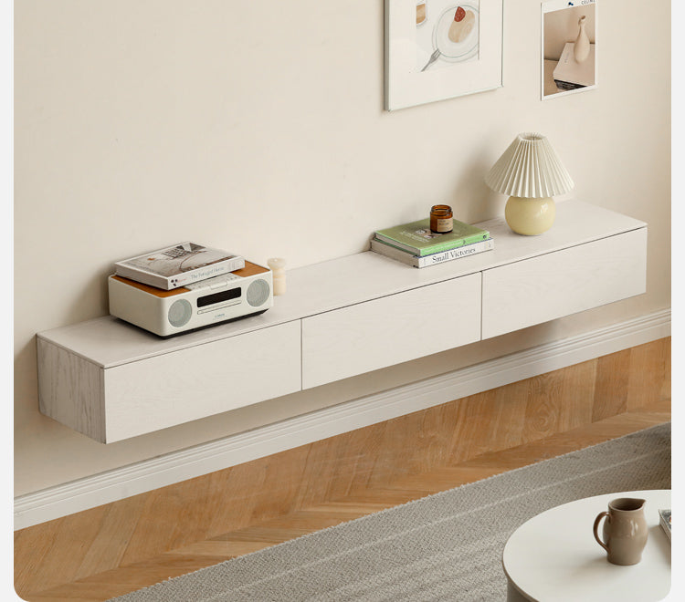 White Cream Oak Solid Wood Floating TV Stand - Modern Suspension TV Cabinet for Living Room, Bedroom & Home Theater Setup