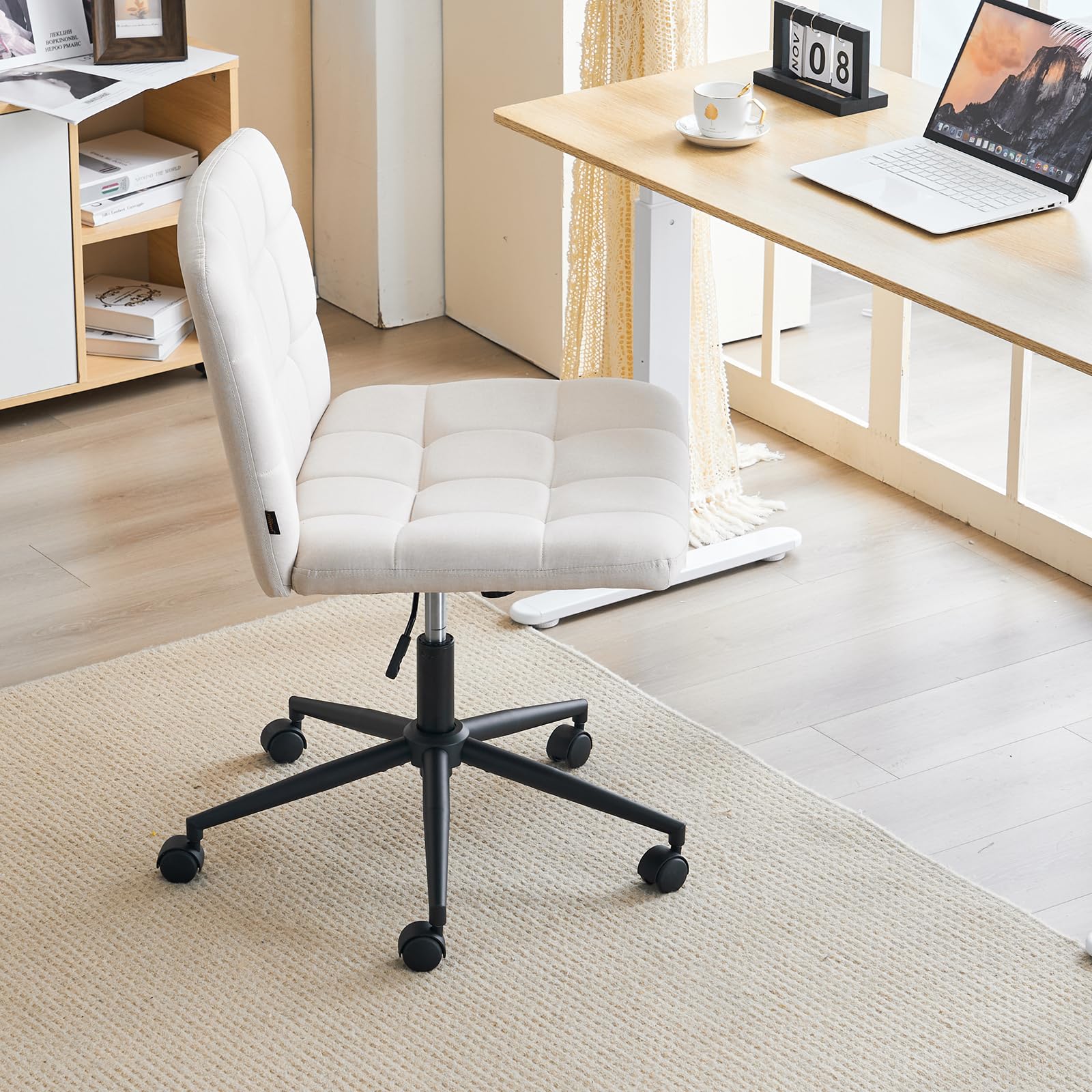 Furnimart Swivel Criss Cross Legged Office Chair with Wheels - Adjustable Height Armless Desk Chair for Home Office, Vanity & Bedroom - Comfortable Beige Seat for Working, Studying & Relaxing