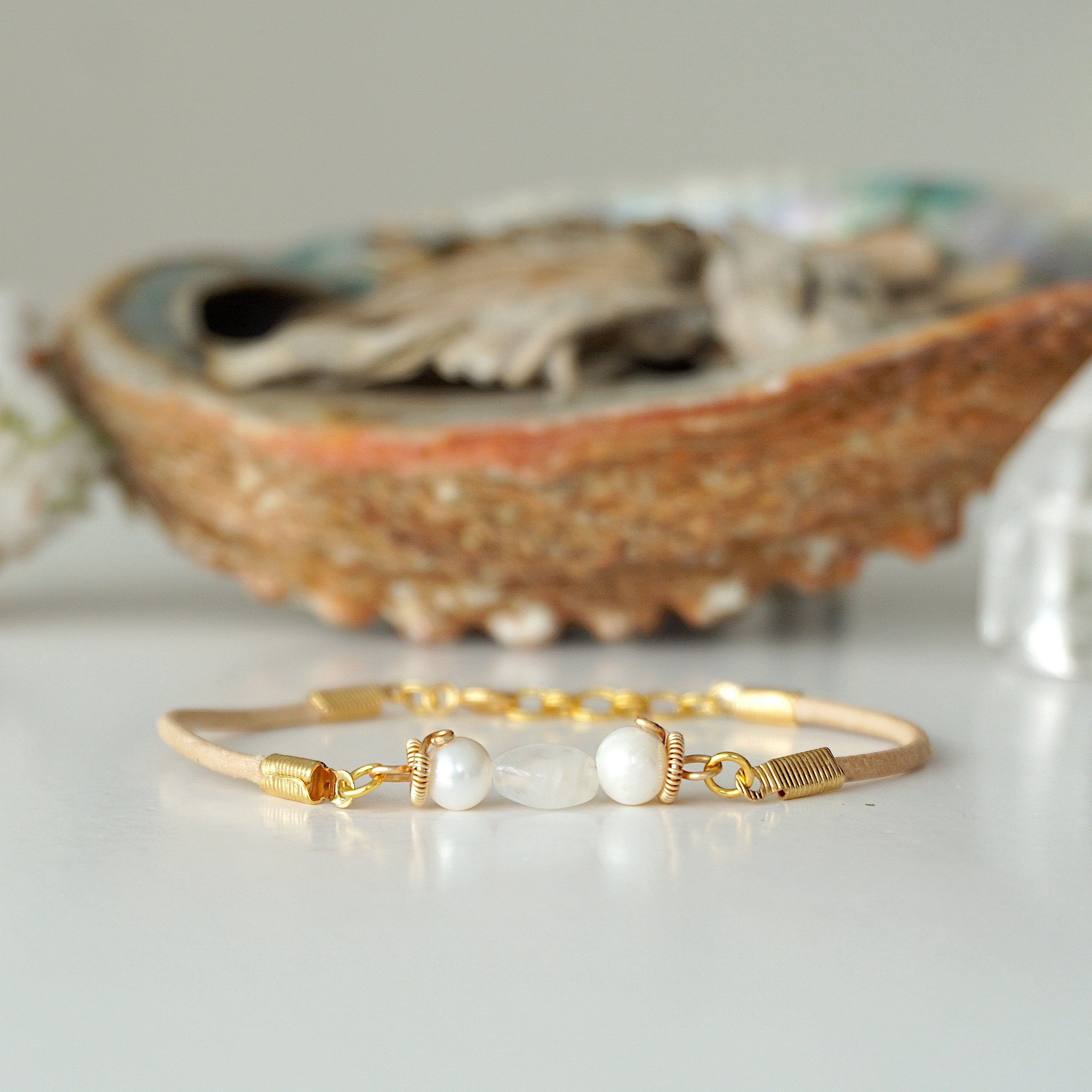 Pearl and Moonstone Bracelet - Gold Plated Tan Leather Jewelry for Women | Boho Chic, Wedding, Party & Everyday Wear