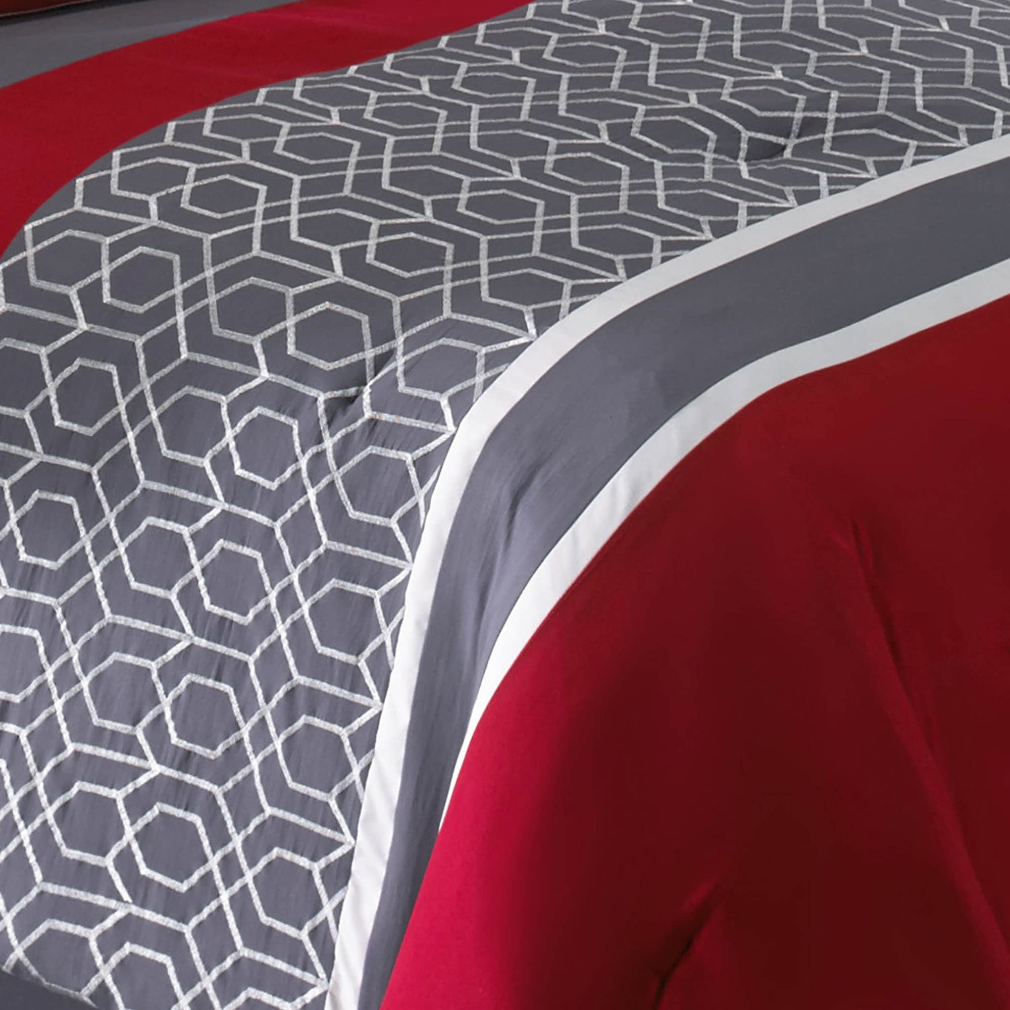 Benjara 8-Piece King Comforter Set - Printed Trellis Pattern in Red | Luxury Bedding for Master Bedroom & Guest Room Decor