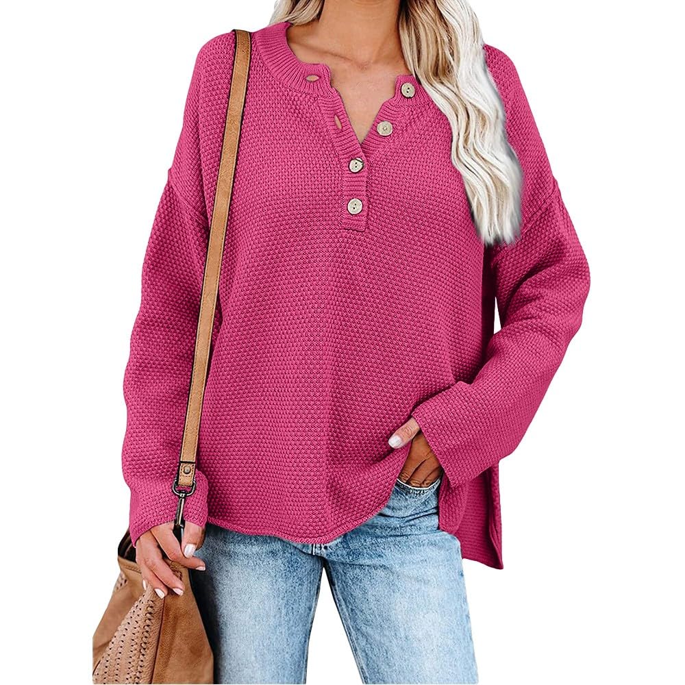 Women's Button-Up Sweatshirt - Waffle Knit Henley Neck Long Sleeve Top - Solid Color Drop Shoulder Blouse for Casual Wear & Layering