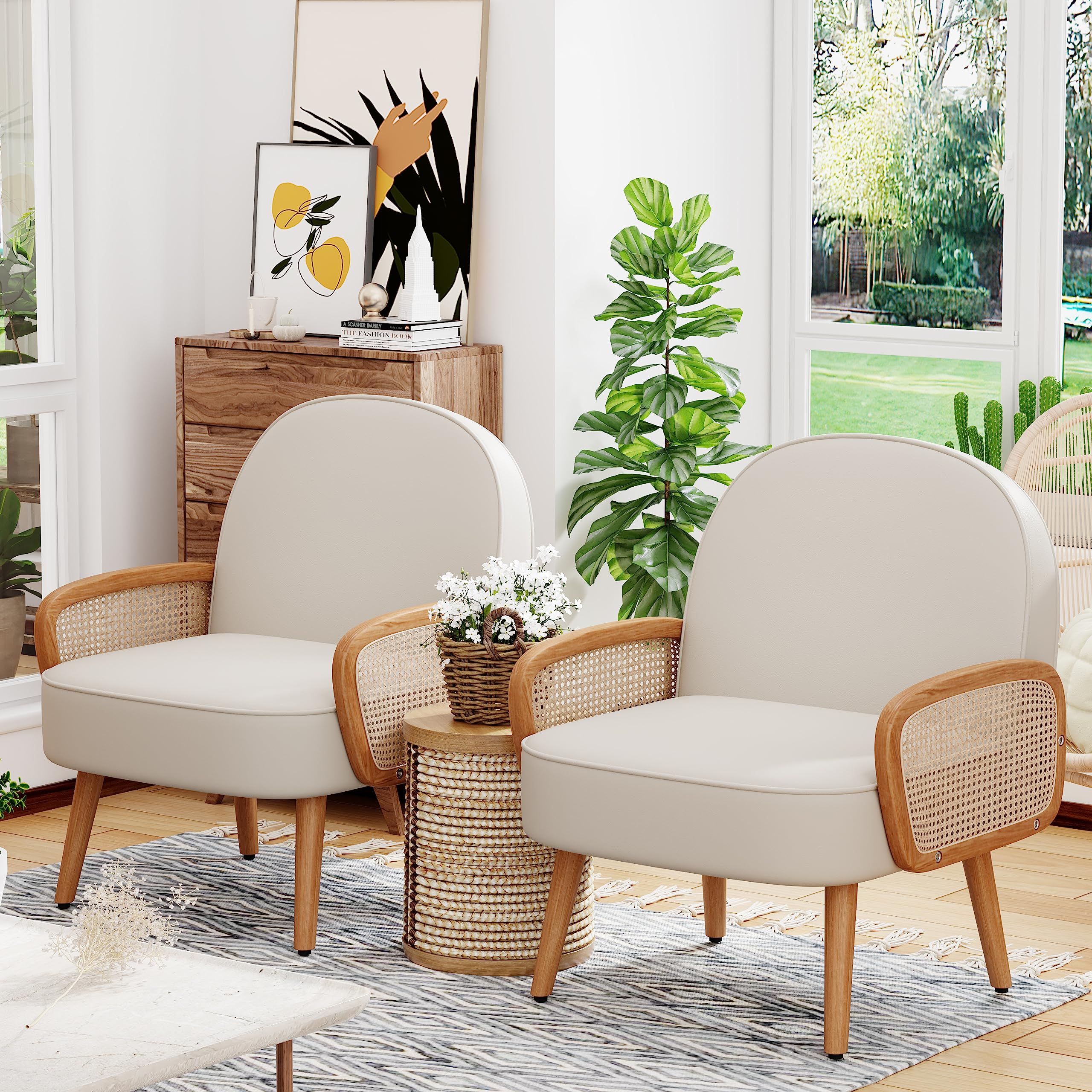 Mid Century Modern Accent Chair with Rattan Arms - Boho Upholstered Armchair in Faux Leather Beige for Living Room, Bedroom & Balcony | Perfect Reading Chair & Side Club Chair for Home Decor