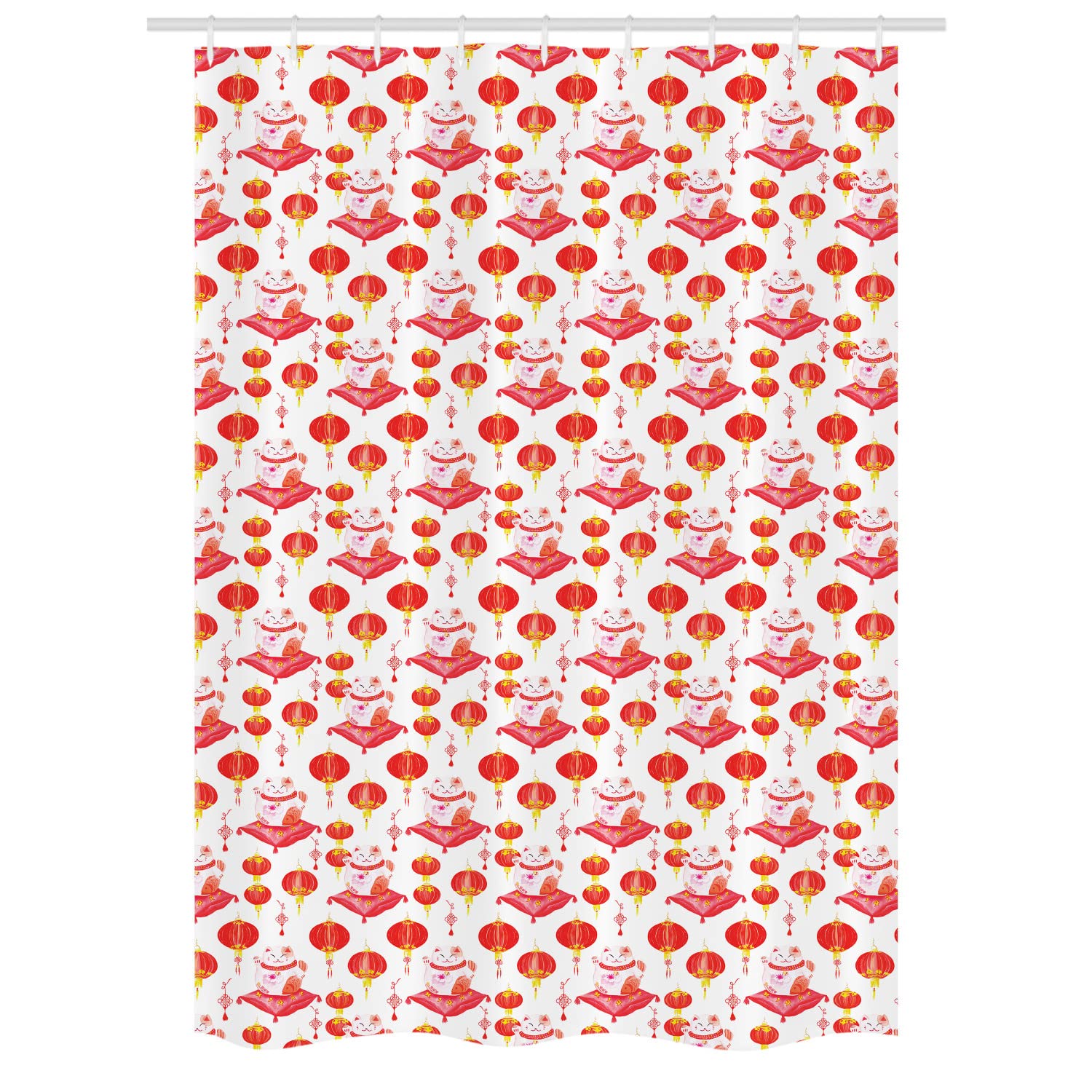 Ambesonne Japanese Cat Shower Curtain - Traditional Maneki Neko Watercolor Design, Asian Cultural Decor with Hooks, 54x78 Inches, Dark Coral & Yellow | Perfect for Bathroom, Spa, or Japanese-Themed Home Decor