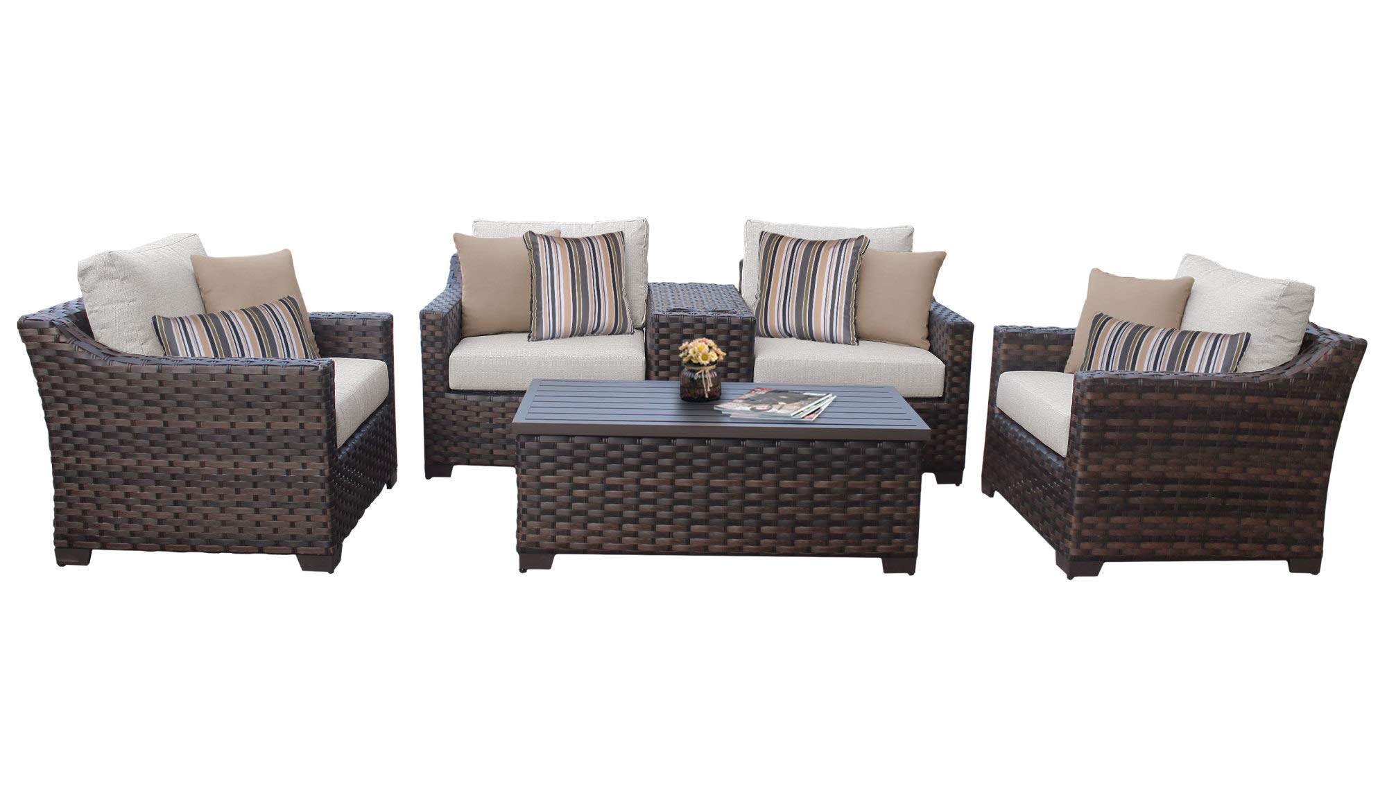 TK Classics Kathy Ireland River Brook 6-Piece Outdoor Wicker Patio Furniture Set in Ash - Perfect for Backyard, Garden, Poolside & Patio Relaxation