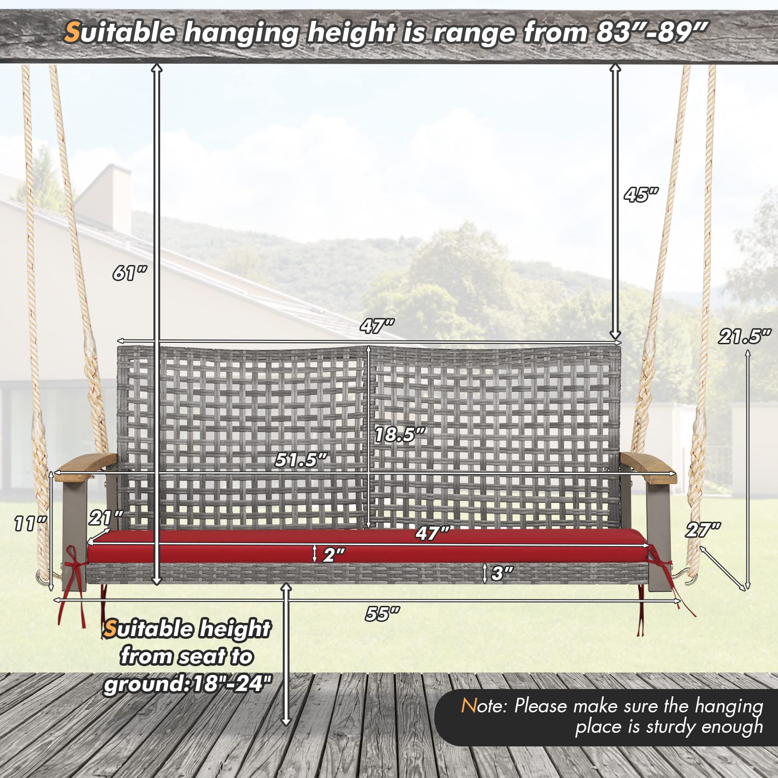 Happygrill 2-Person Outdoor Rattan Swing Chair with Acacia Wood Armrests - 118