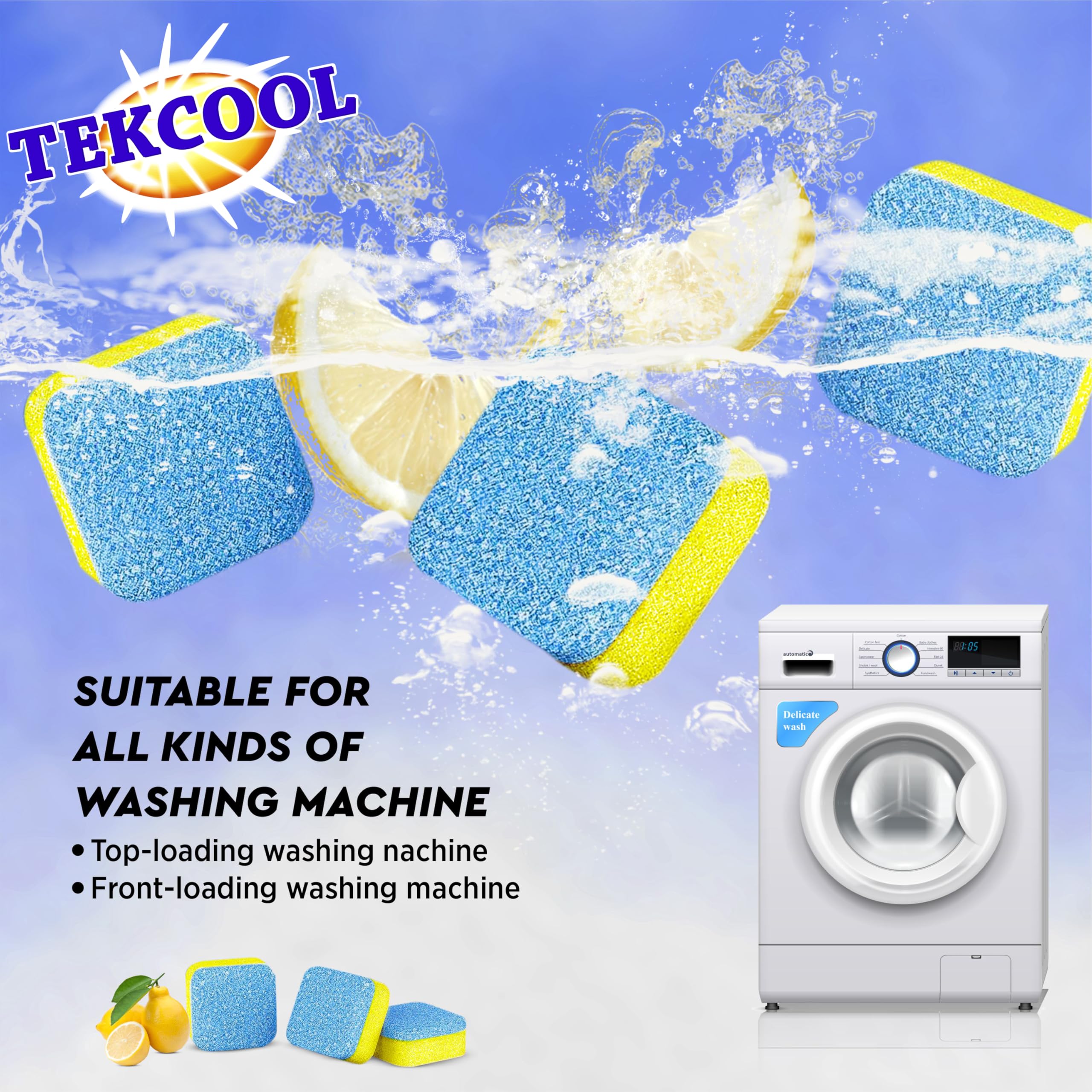 TEKCOOL Washing Machine Cleaner Tablets - 12 Pack Descaling Powder for Deep Cleaning Front & Top Load Washers | Lemon Scented | Removes Odor, Mold & Residue | Ideal for Laundry Maintenance & Appliance Care
